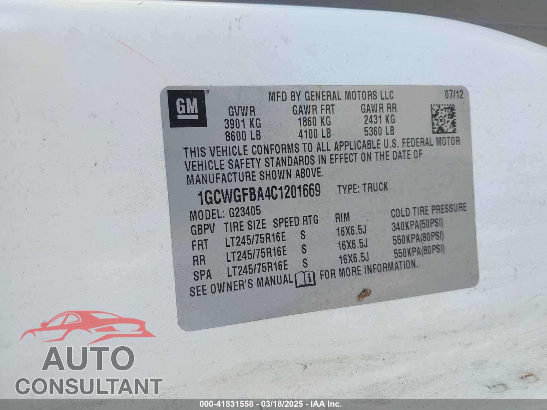 CHEVROLET EXPRESS 2500 2012 - 1GCWGFBA4C1201669