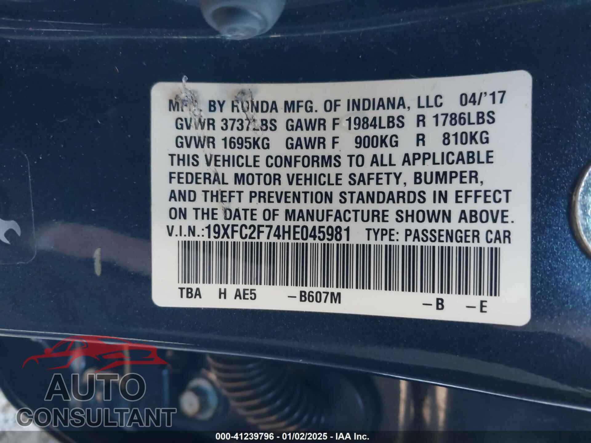 HONDA CIVIC 2017 - 19XFC2F74HE045981
