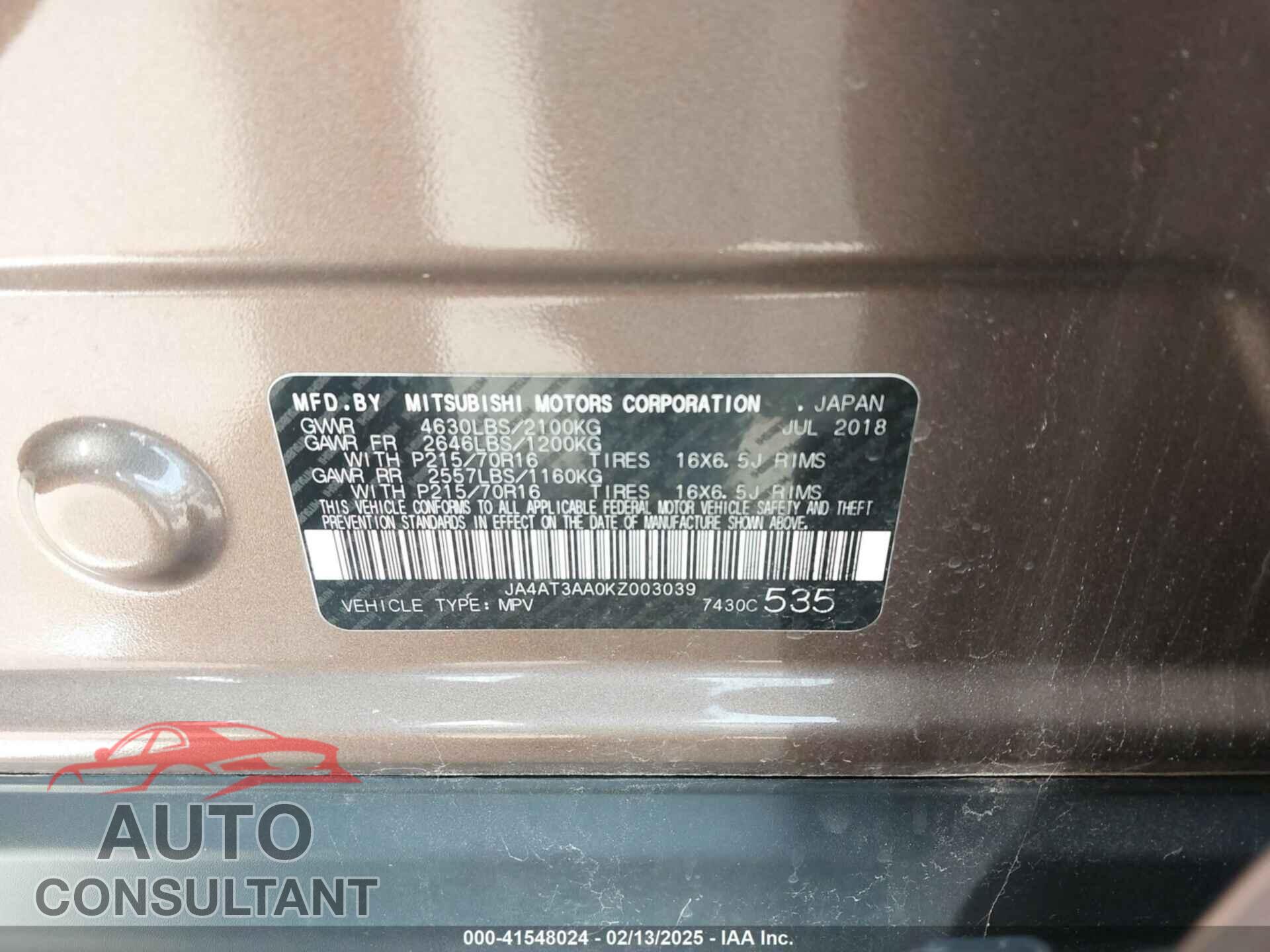 MITSUBISHI ECLIPSE CROSS 2019 - JA4AT3AA0KZ003039
