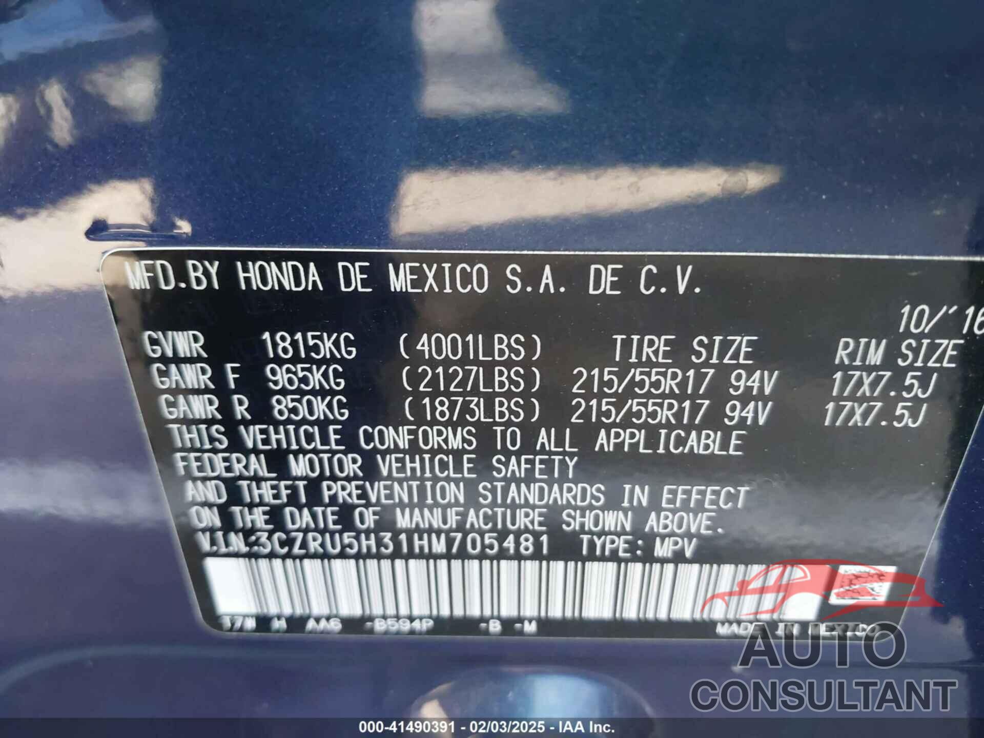 HONDA HR-V 2017 - 3CZRU5H31HM705481