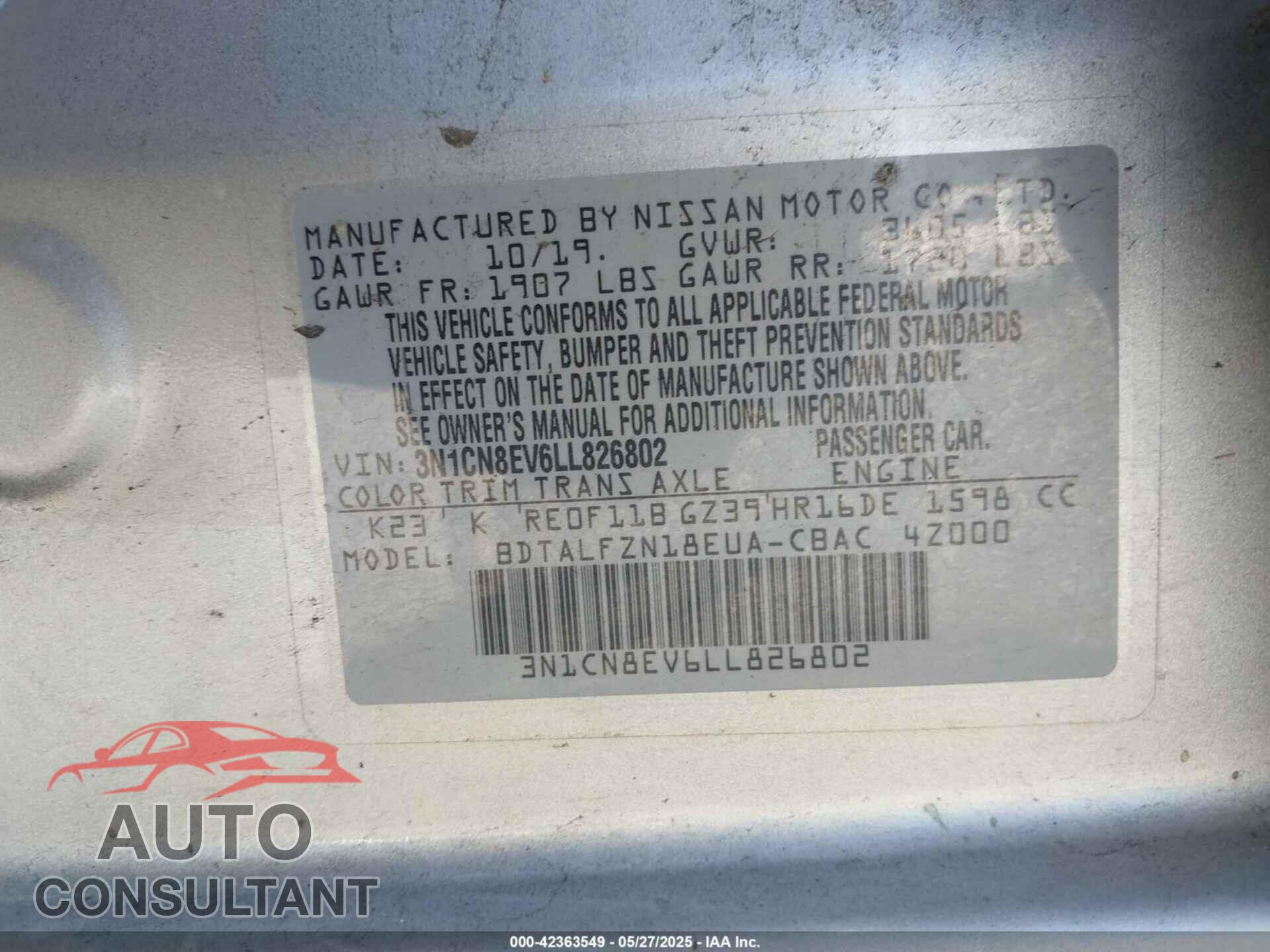 NISSAN VERSA 2020 - 3N1CN8EV6LL826802