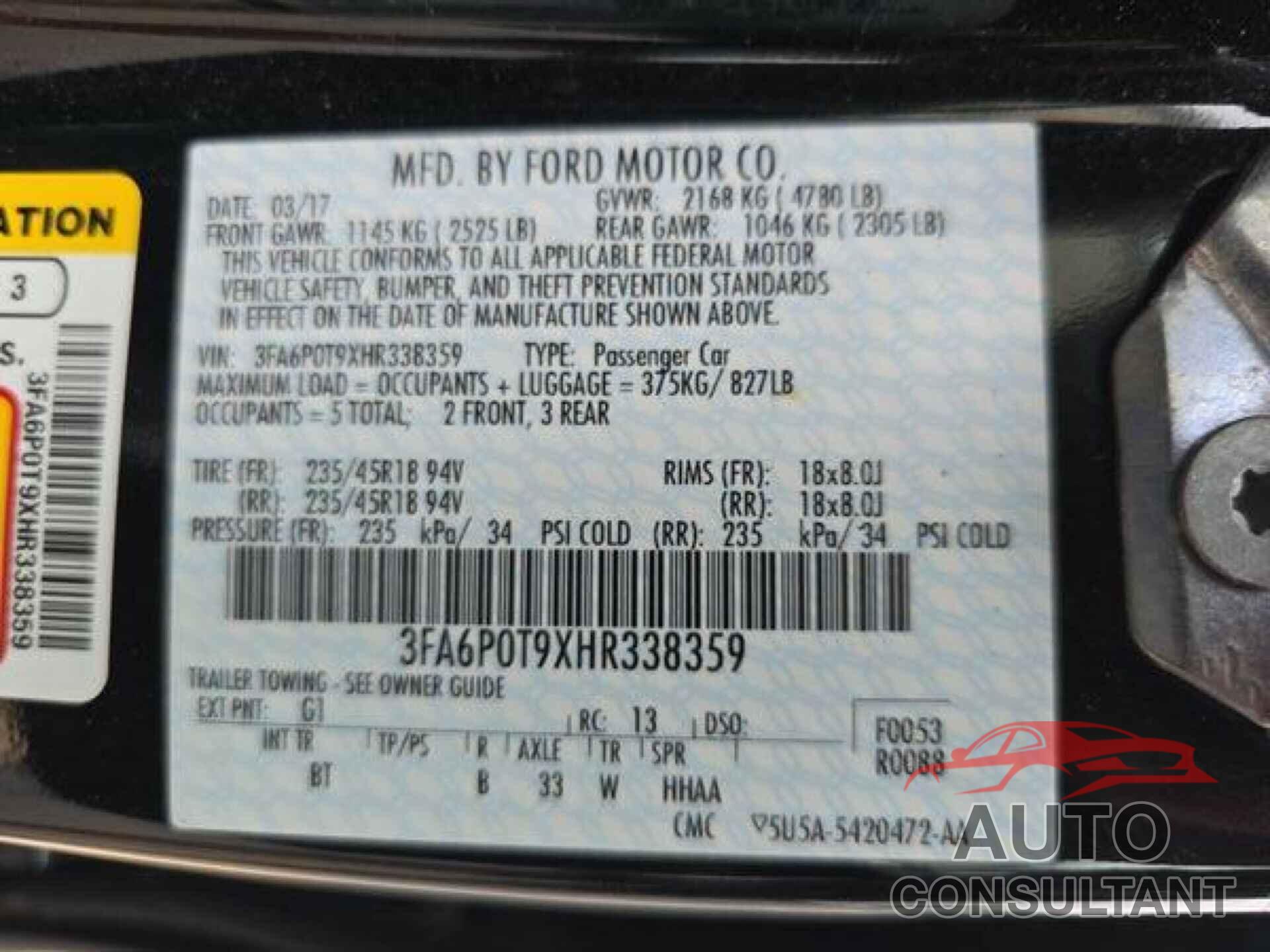 FORD FUSION 2017 - 3FA6P0T9XHR338359