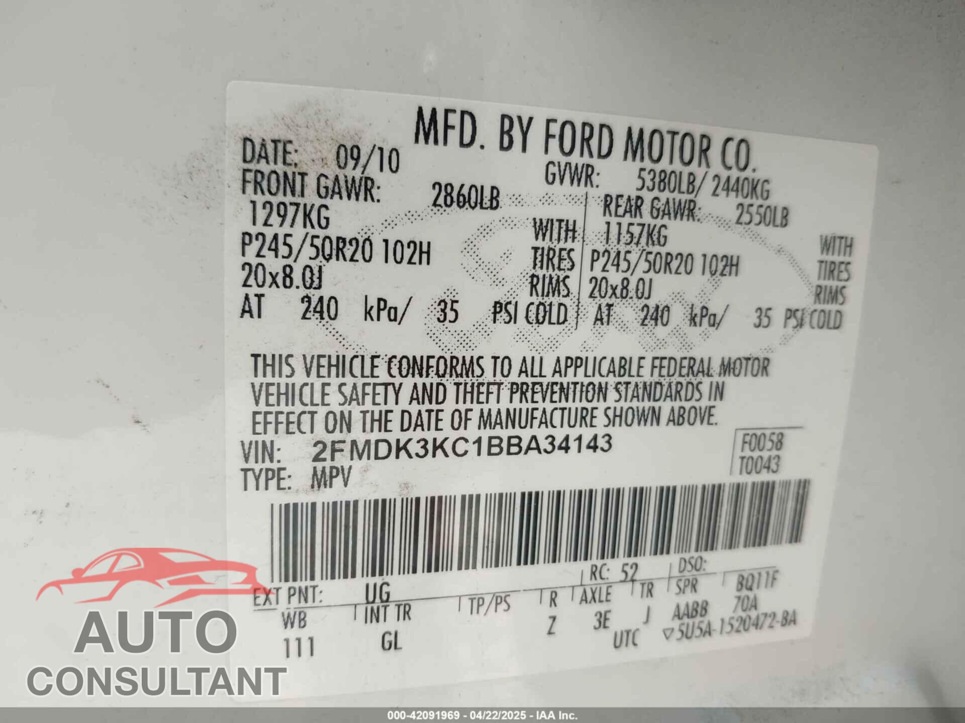 FORD EDGE 2011 - 2FMDK3KC1BBA34143