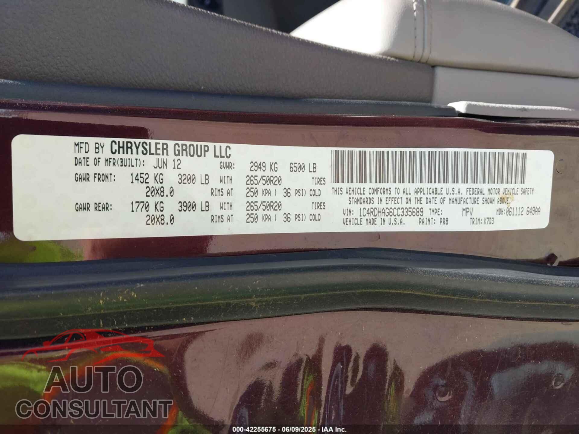 DODGE DURANGO 2012 - 1C4RDHAG6CC335689