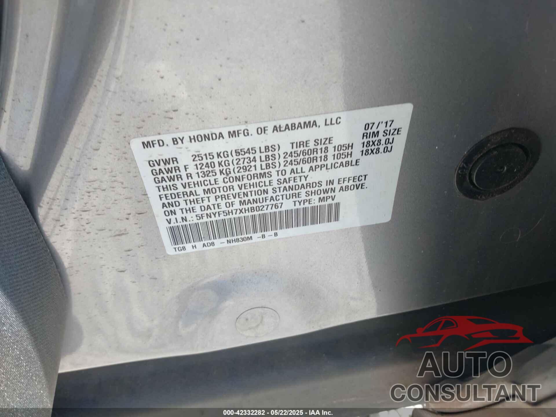 HONDA PILOT 2017 - 5FNYF5H7XHB027767