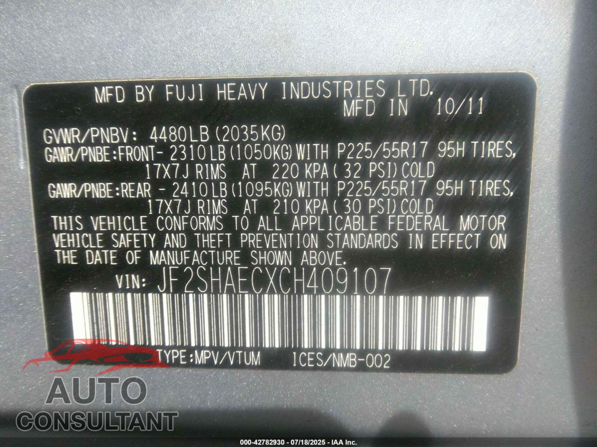 SUBARU FORESTER 2012 - JF2SHAECXCH409107