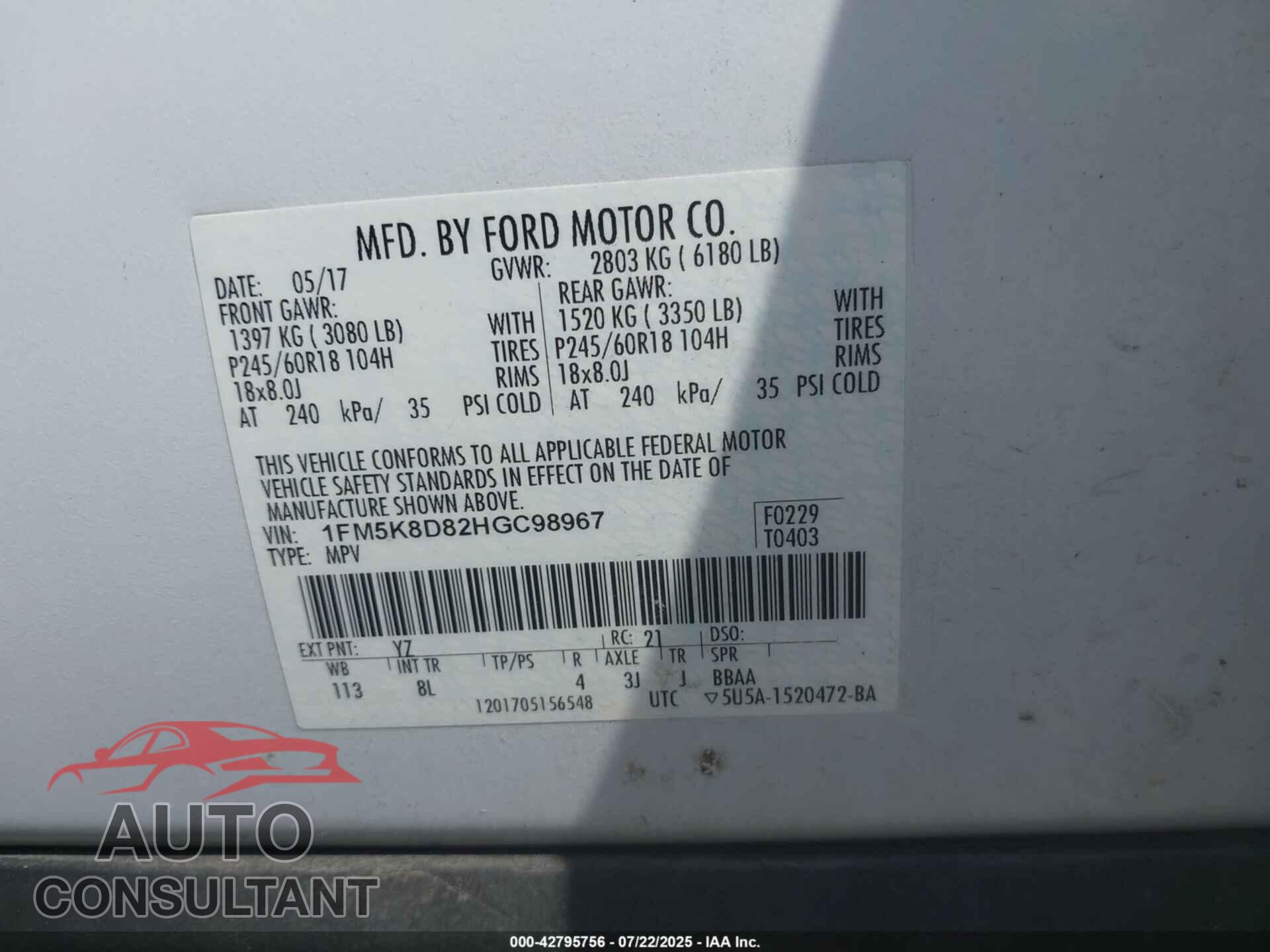 FORD EXPLORER 2017 - 1FM5K8D82HGC98967