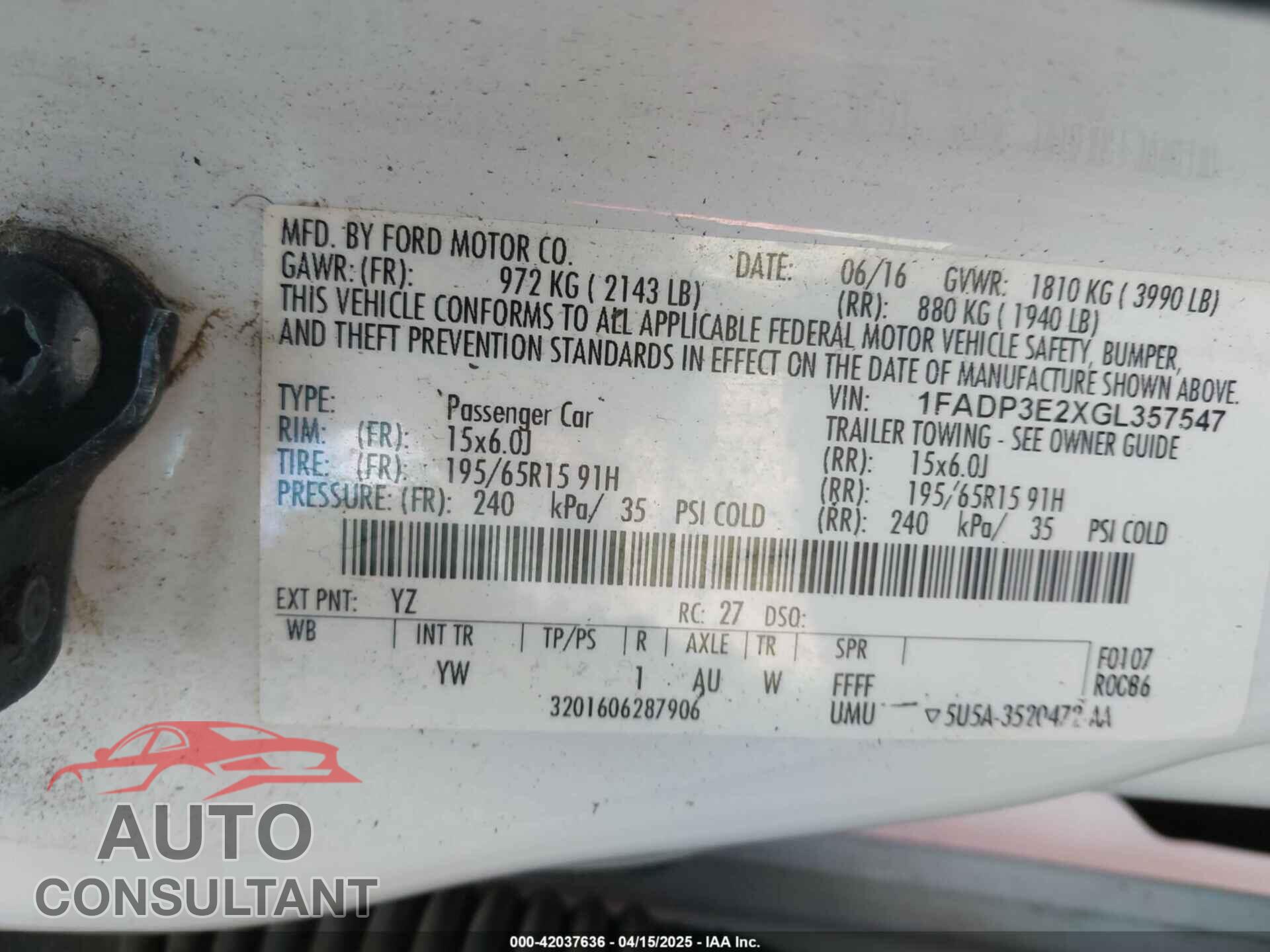 FORD FOCUS 2016 - 1FADP3E2XGL357547