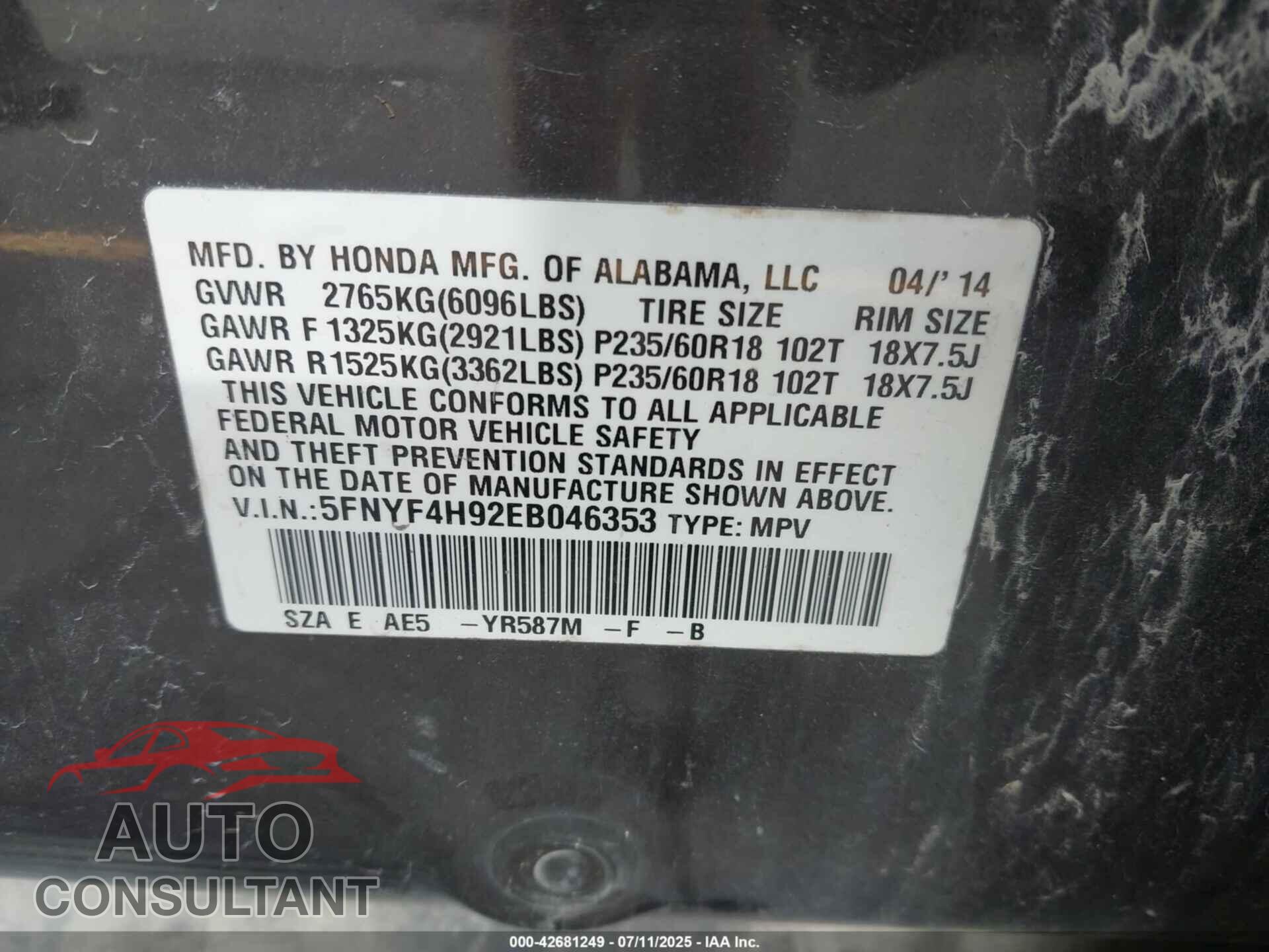 HONDA PILOT 2014 - 5FNYF4H92EB046353