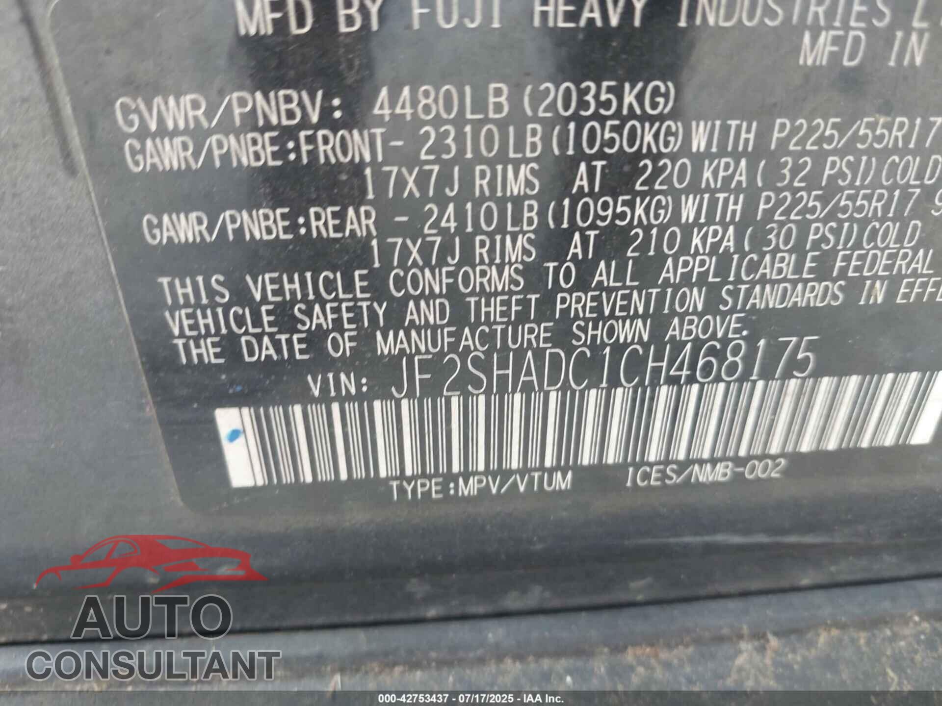 SUBARU FORESTER 2012 - JF2SHADC1CH468175