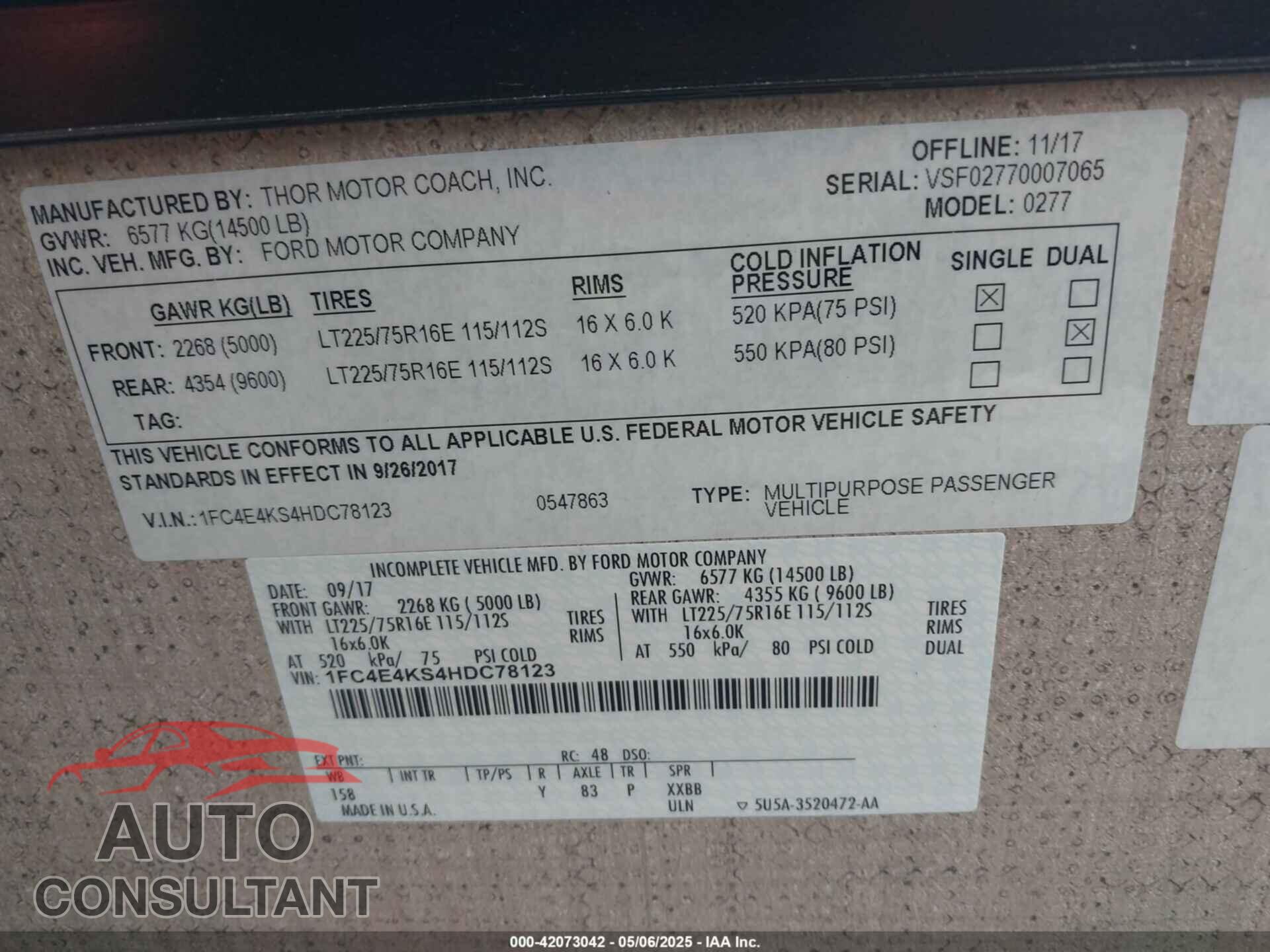 FORD E-450 STRIPPED 2017 - 1FC4E4KS4HDC78123