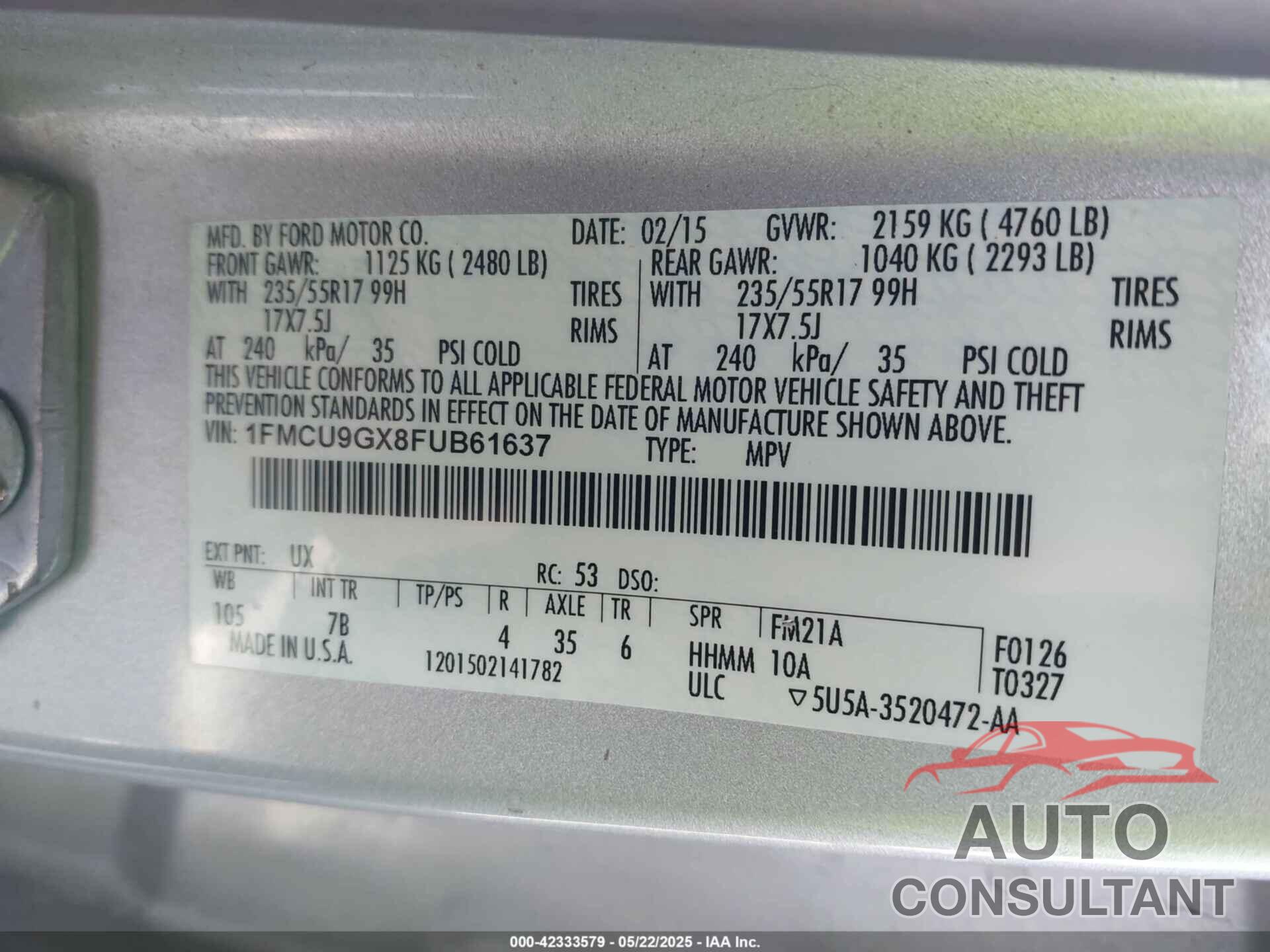 FORD ESCAPE 2015 - 1FMCU9GX8FUB61637