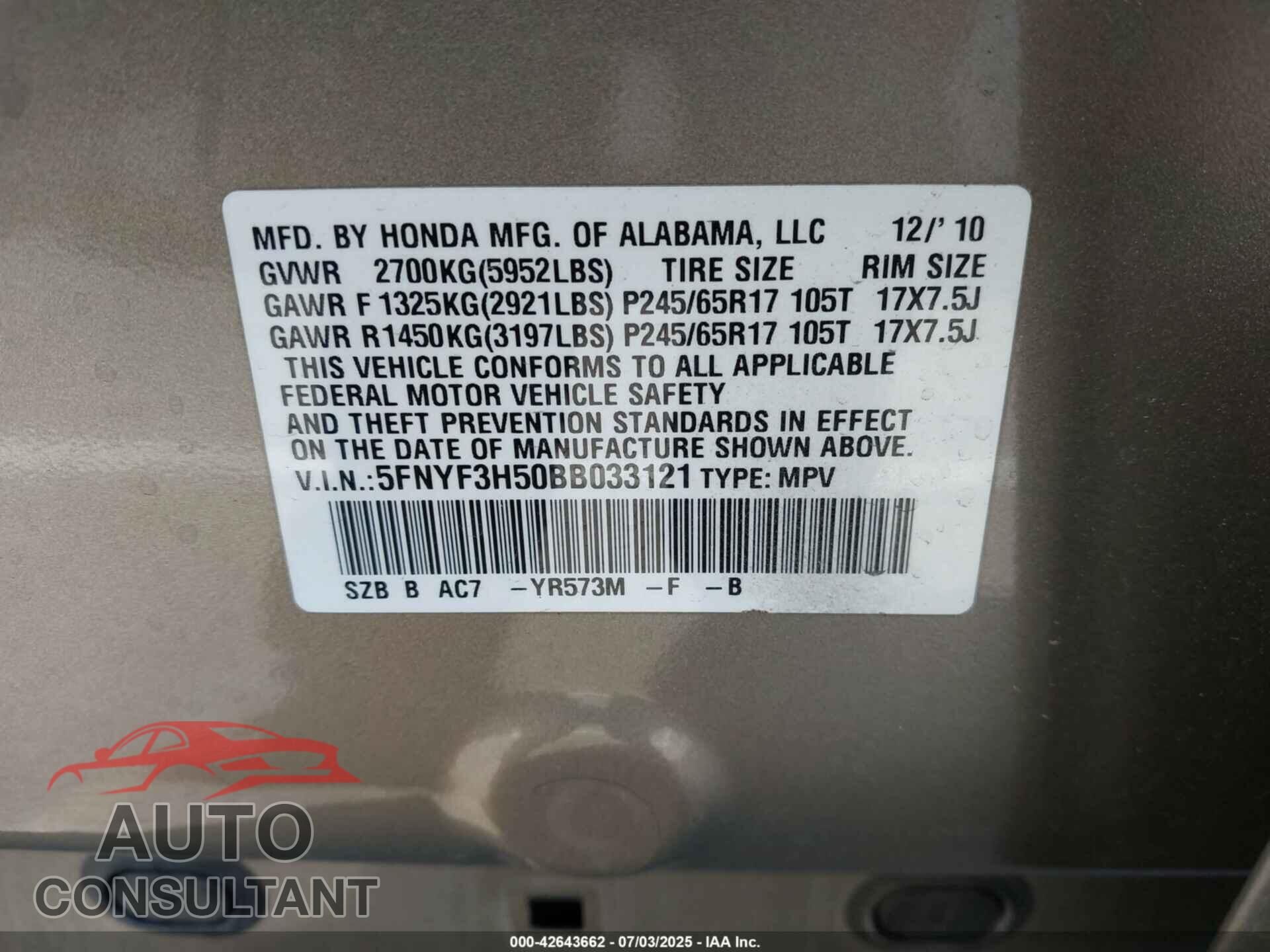 HONDA PILOT 2011 - 5FNYF3H50BB033121