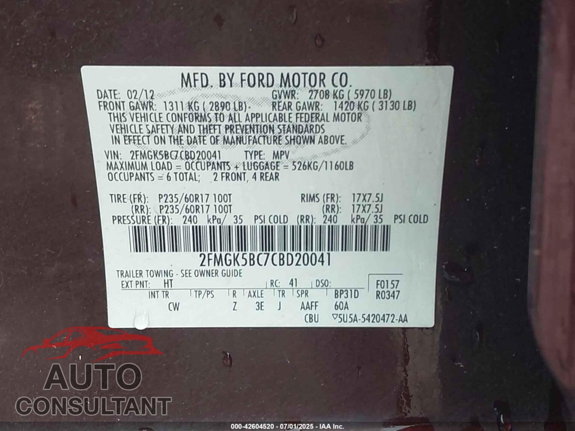 FORD FLEX 2012 - 2FMGK5BC7CBD20041