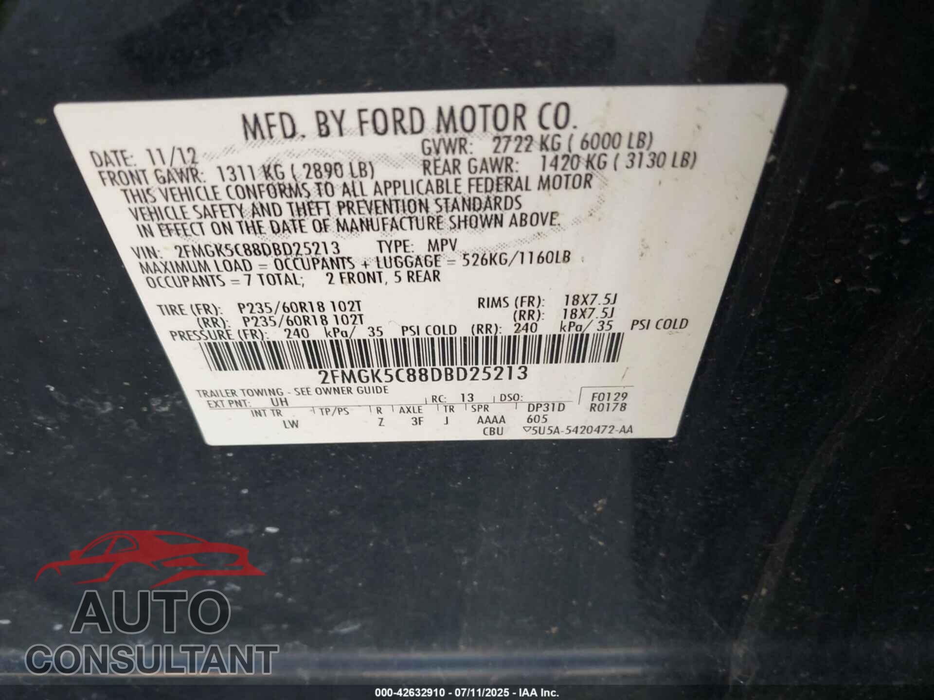 FORD FLEX 2013 - 2FMGK5C88DBD25213