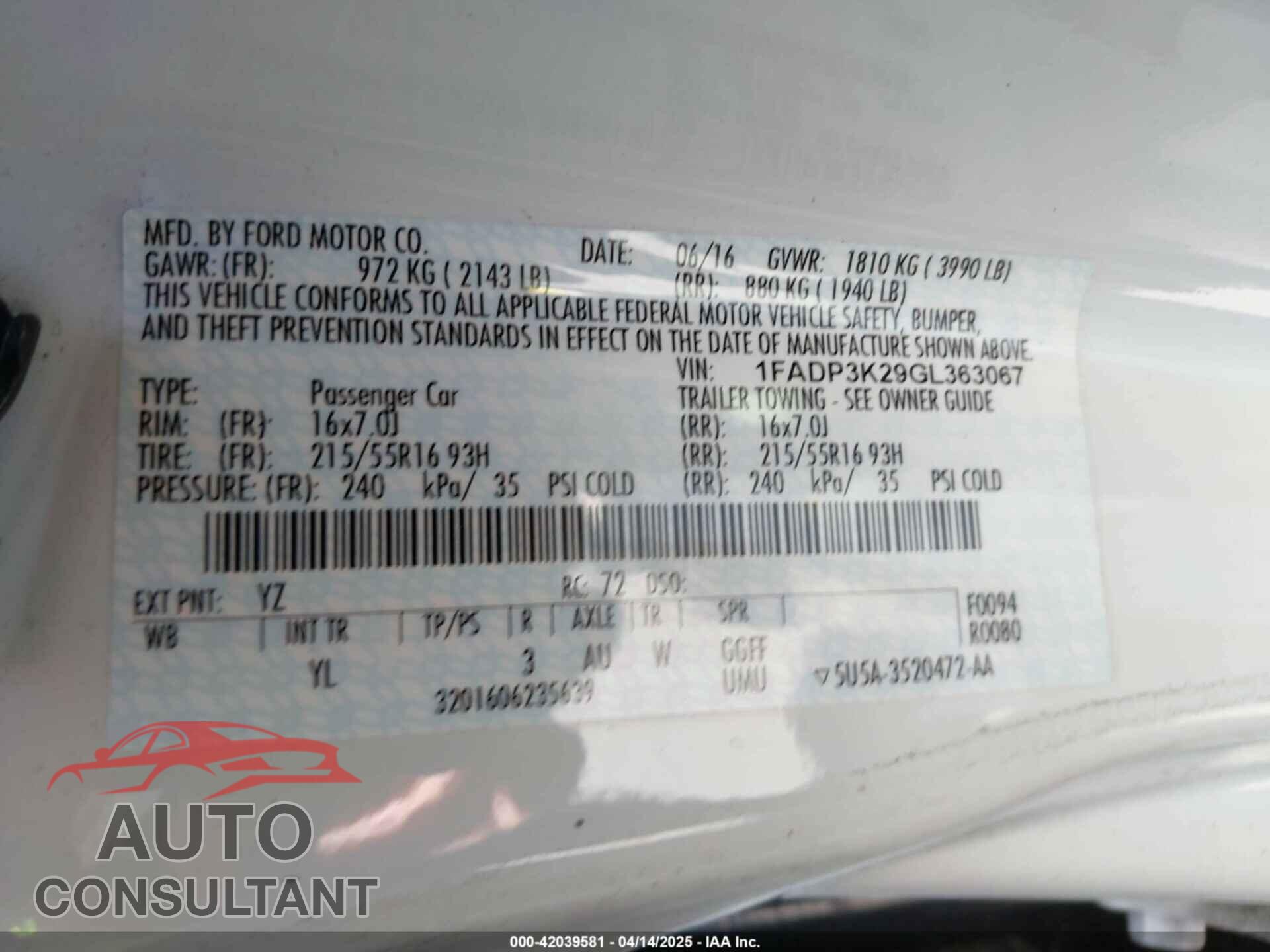FORD FOCUS 2016 - 1FADP3K29GL363067