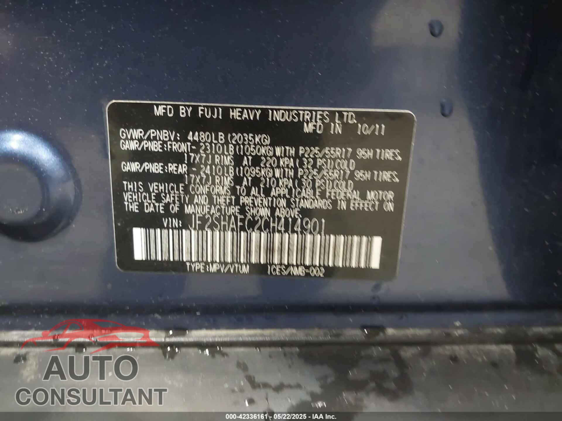 SUBARU FORESTER 2012 - JF2SHAFC2CH414901