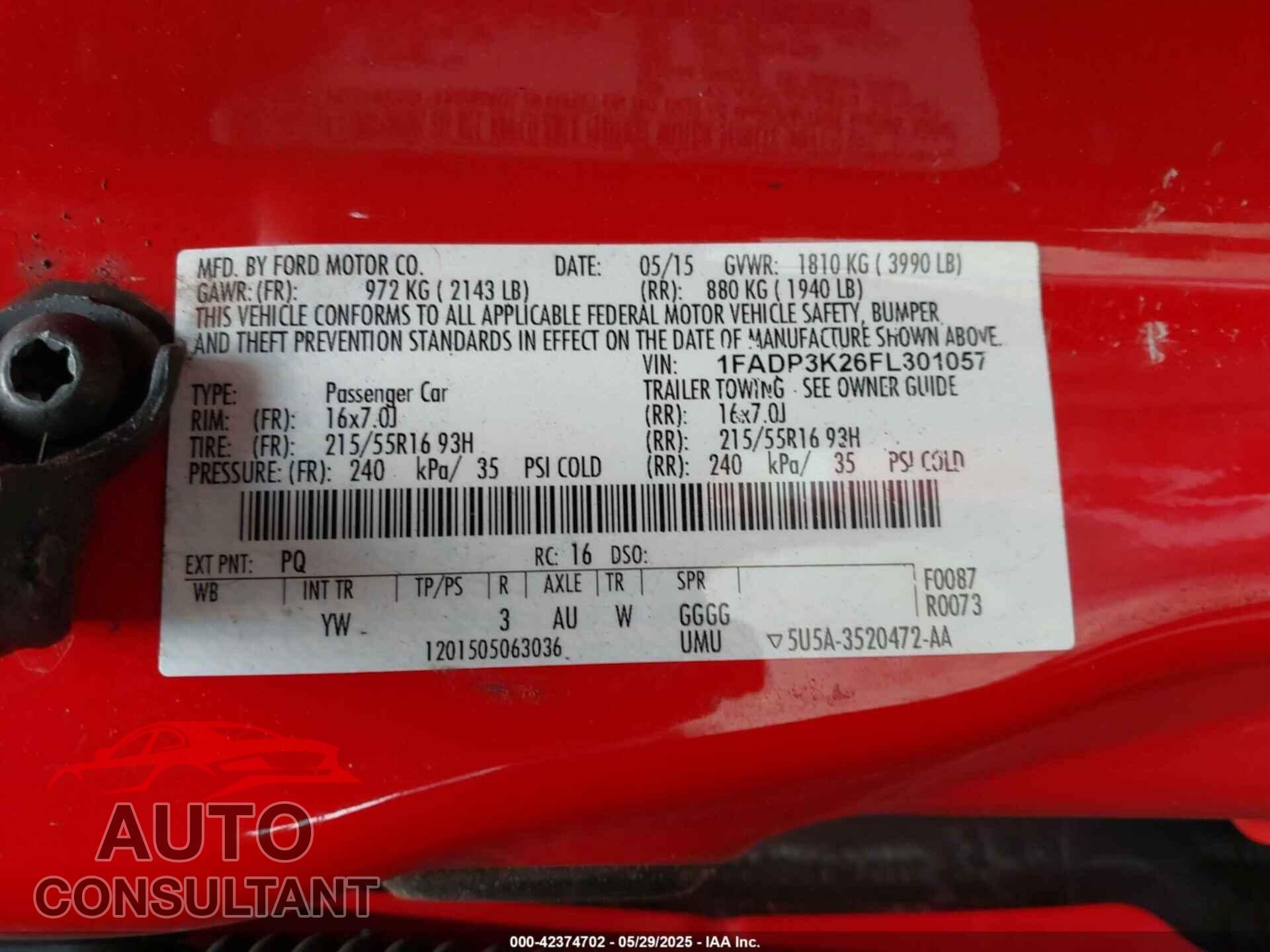 FORD FOCUS 2015 - 1FADP3K26FL301057