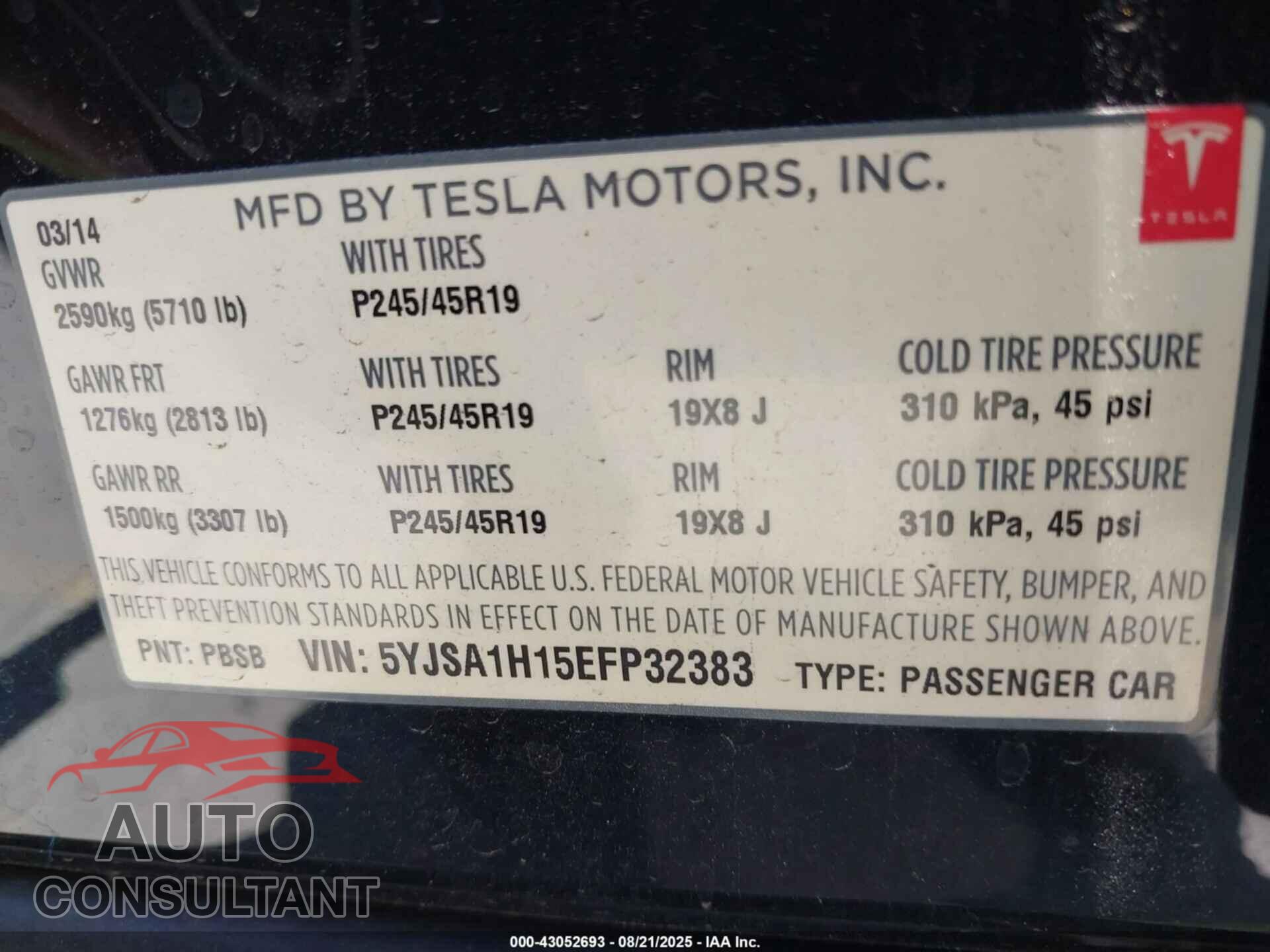 TESLA MODEL S 2014 - 5YJSA1H15EFP32383
