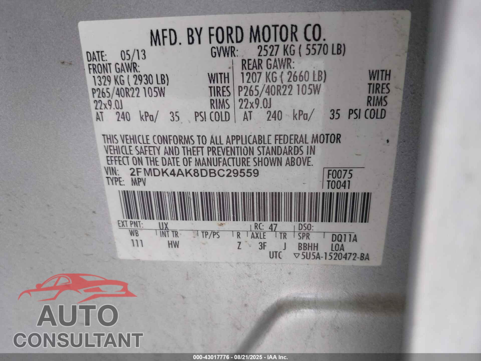 FORD EDGE 2013 - 2FMDK4AK8DBC29559