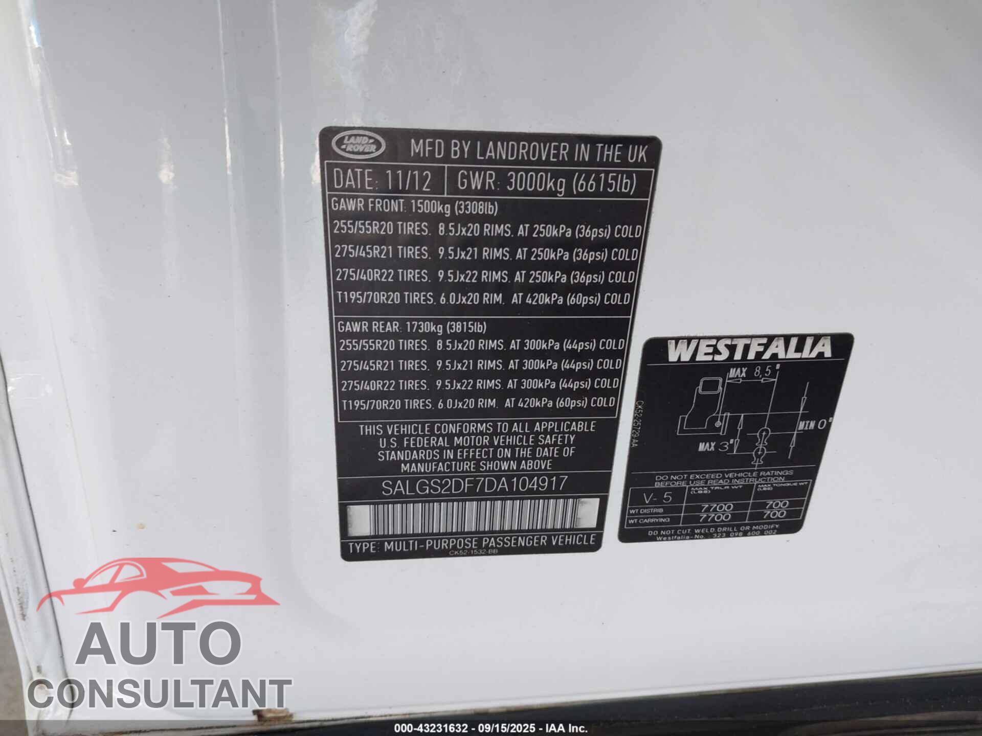 LAND ROVER RANGE ROVER 2013 - SALGS2DF7DA104917