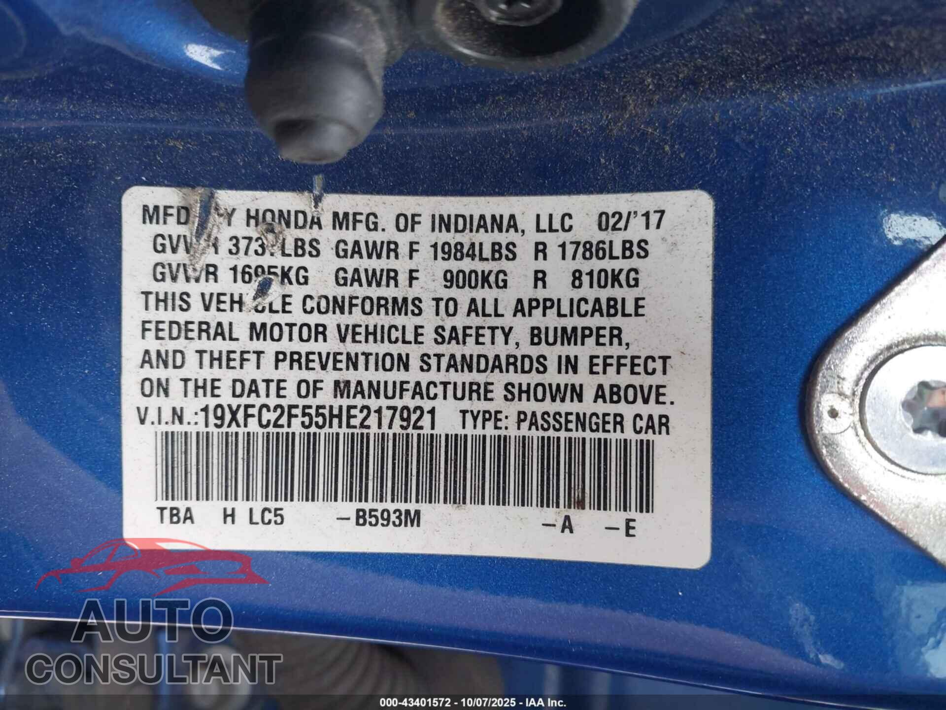 HONDA CIVIC 2017 - 19XFC2F55HE217921