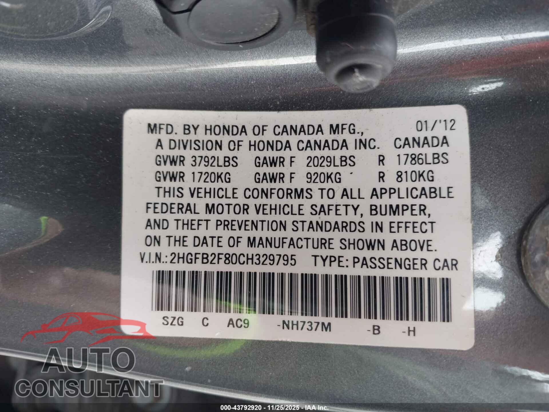 HONDA CIVIC 2012 - 2HGFB2F80CH329795