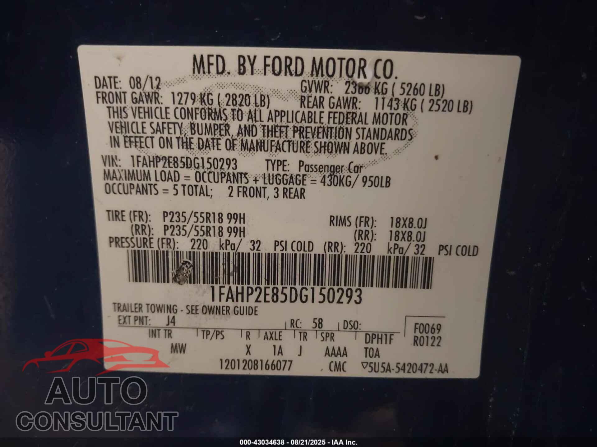 FORD TAURUS 2013 - 1FAHP2E85DG150293