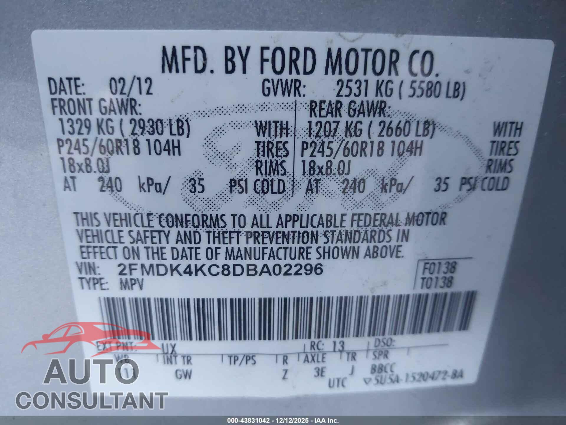 FORD EDGE 2013 - 2FMDK4KC8DBA02296