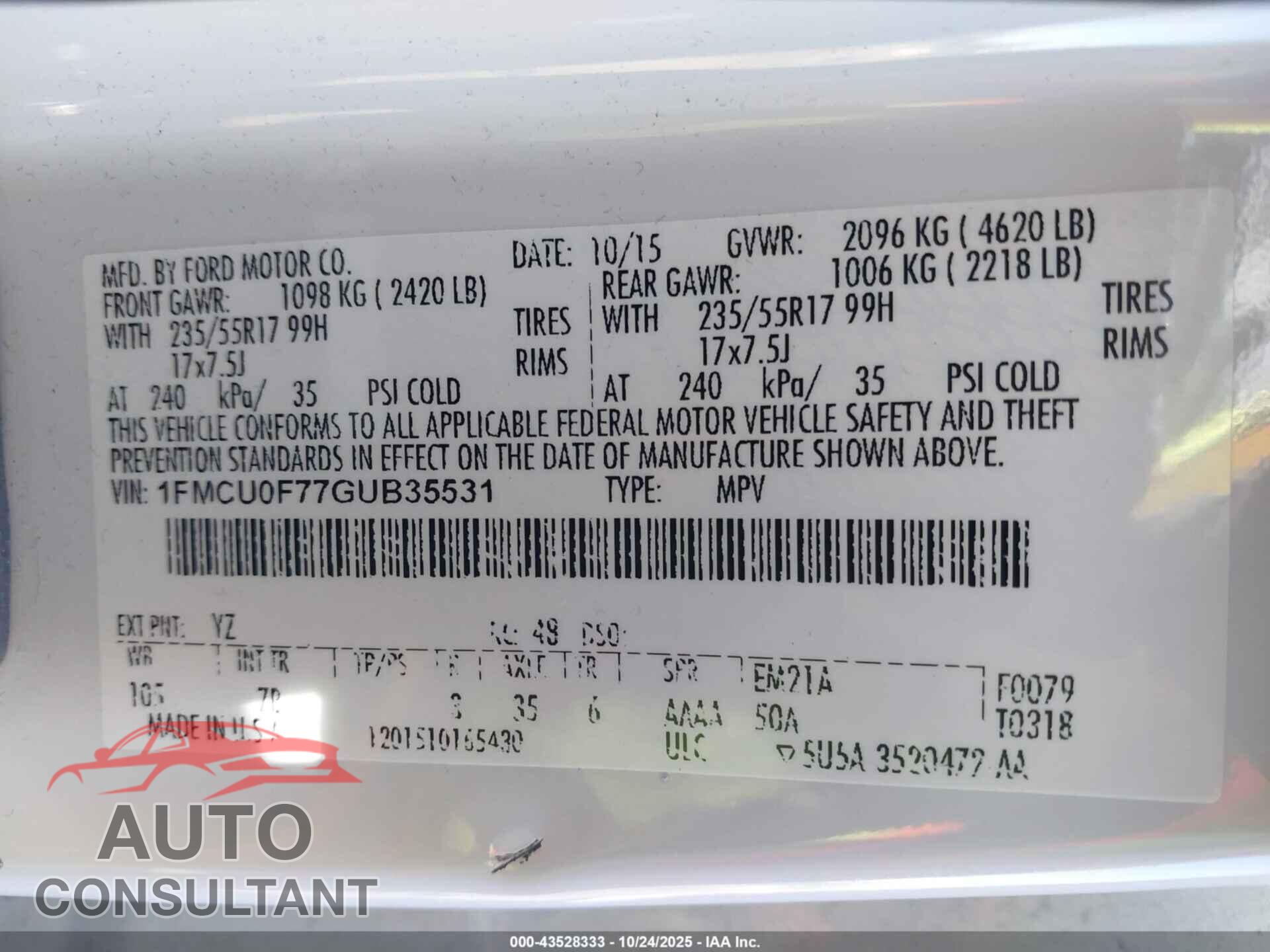 FORD ESCAPE 2016 - 1FMCU0F77GUB35531