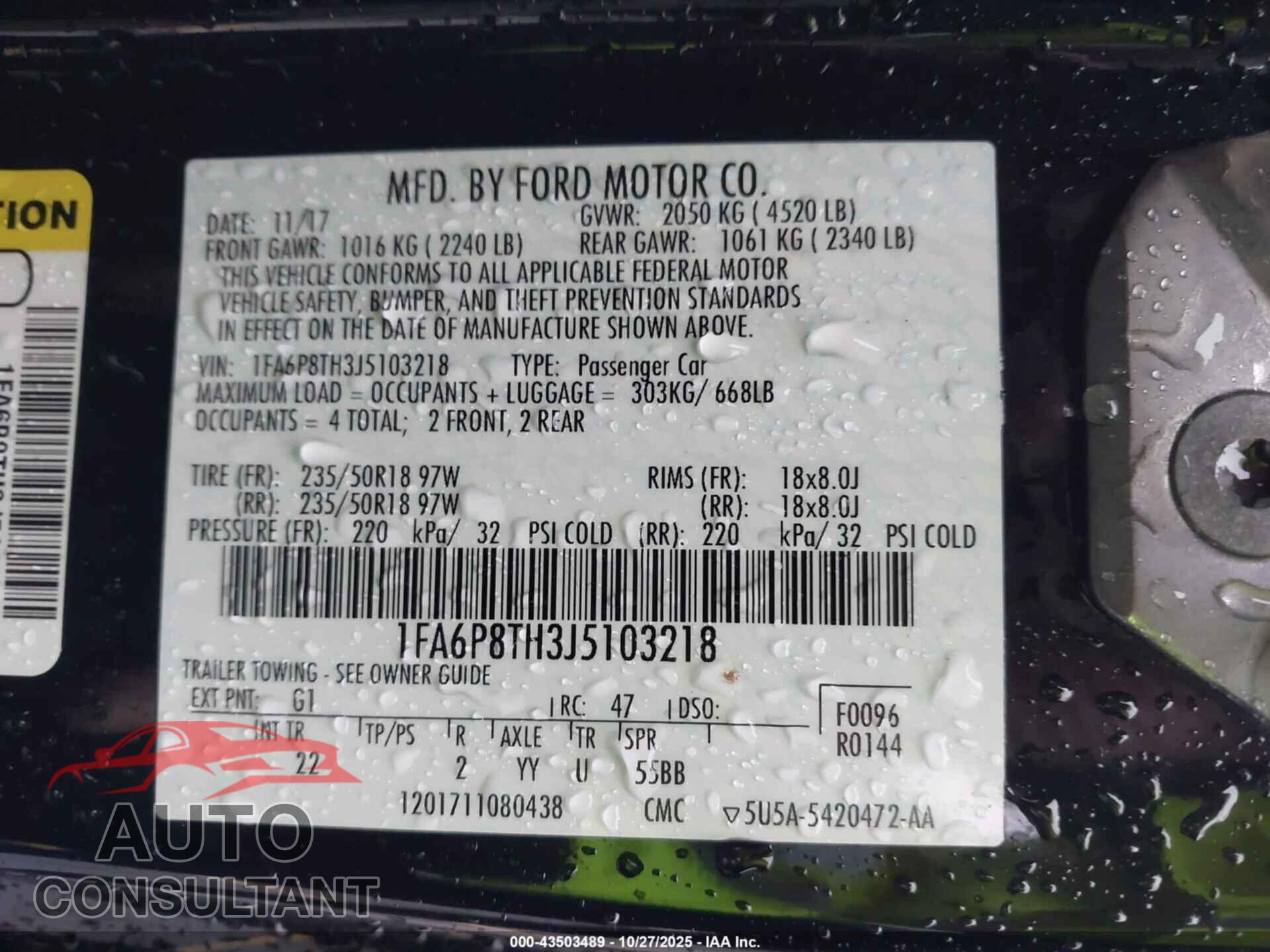 FORD MUSTANG 2018 - 1FA6P8TH3J5103218