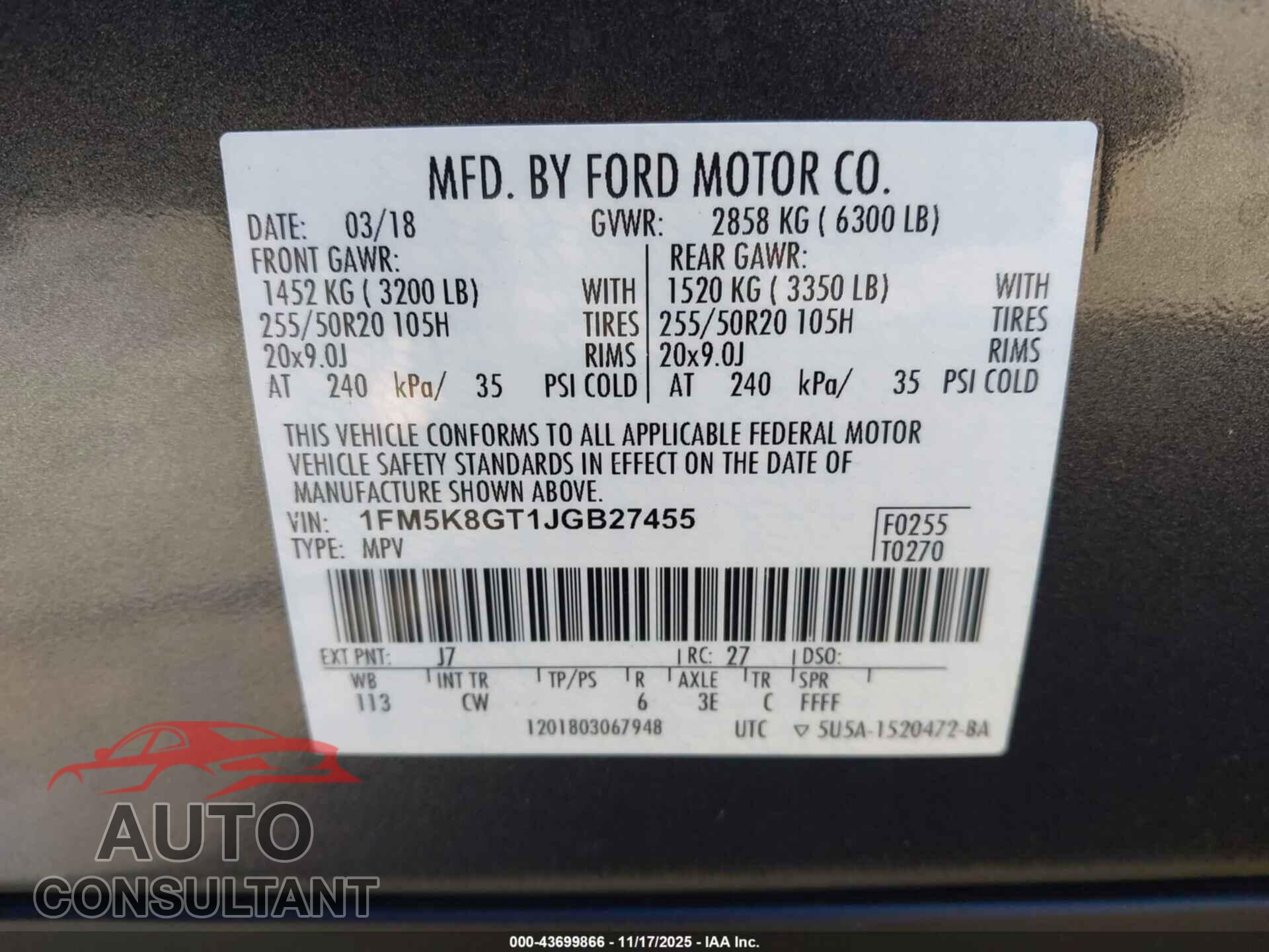 FORD EXPLORER 2018 - 1FM5K8GT1JGB27455