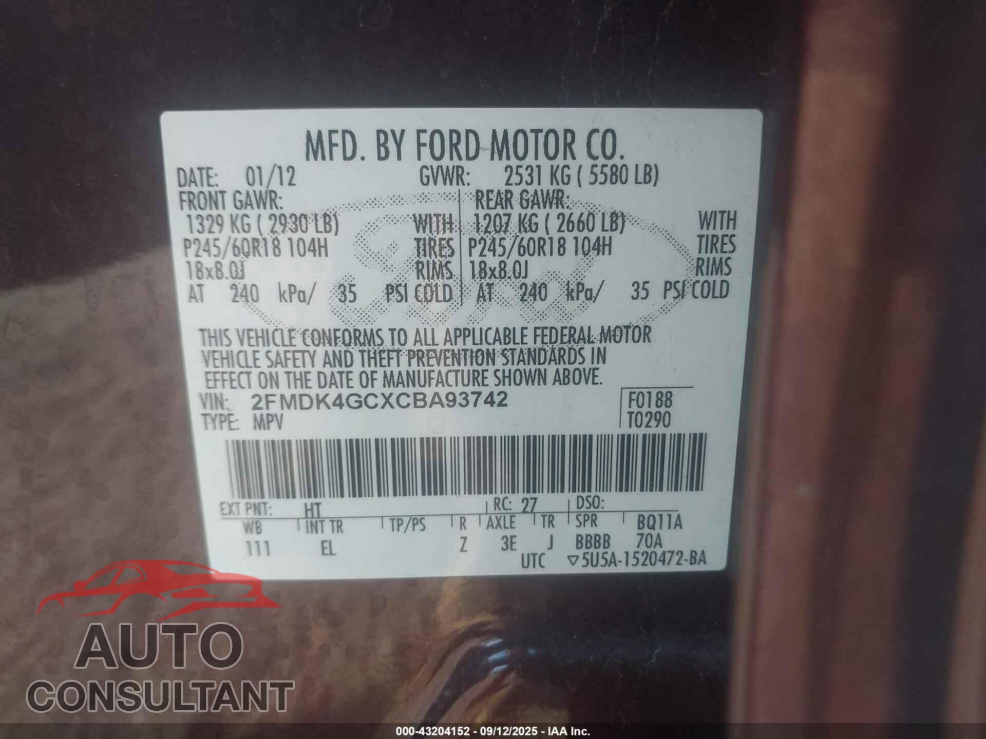 FORD EDGE 2012 - 2FMDK4GCXCBA93742