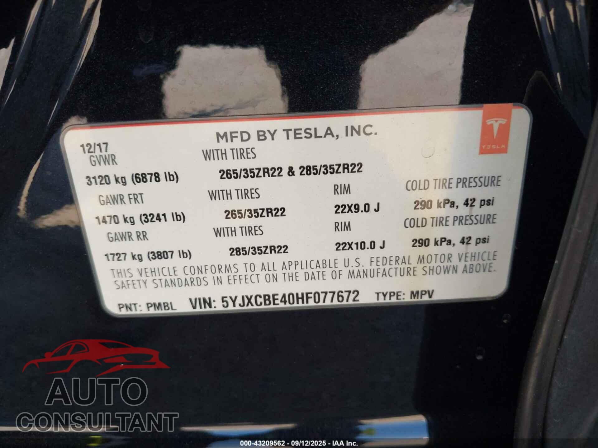 TESLA MODEL X 2017 - 5YJXCBE40HF077672