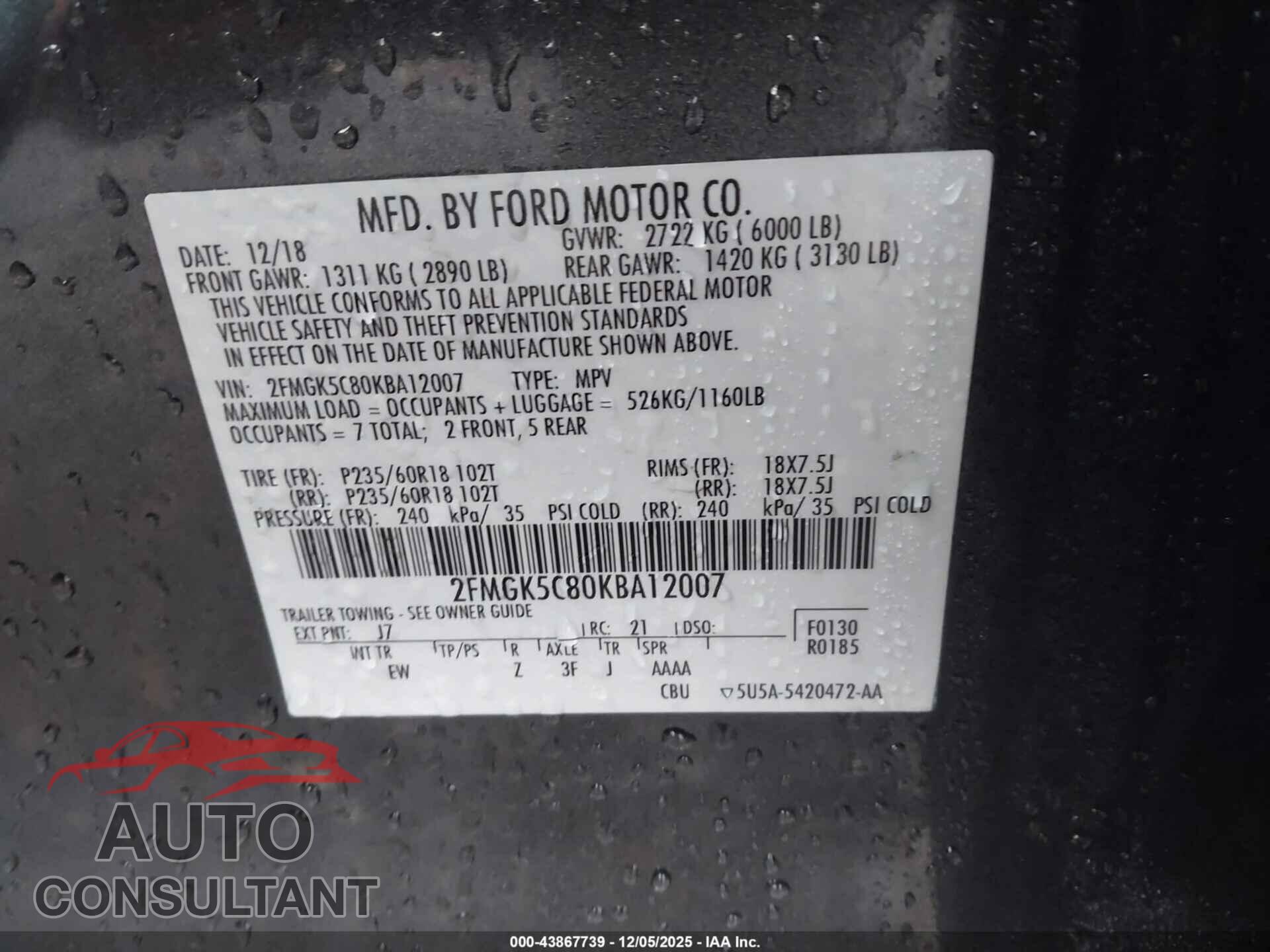 FORD FLEX 2019 - 2FMGK5C80KBA12007