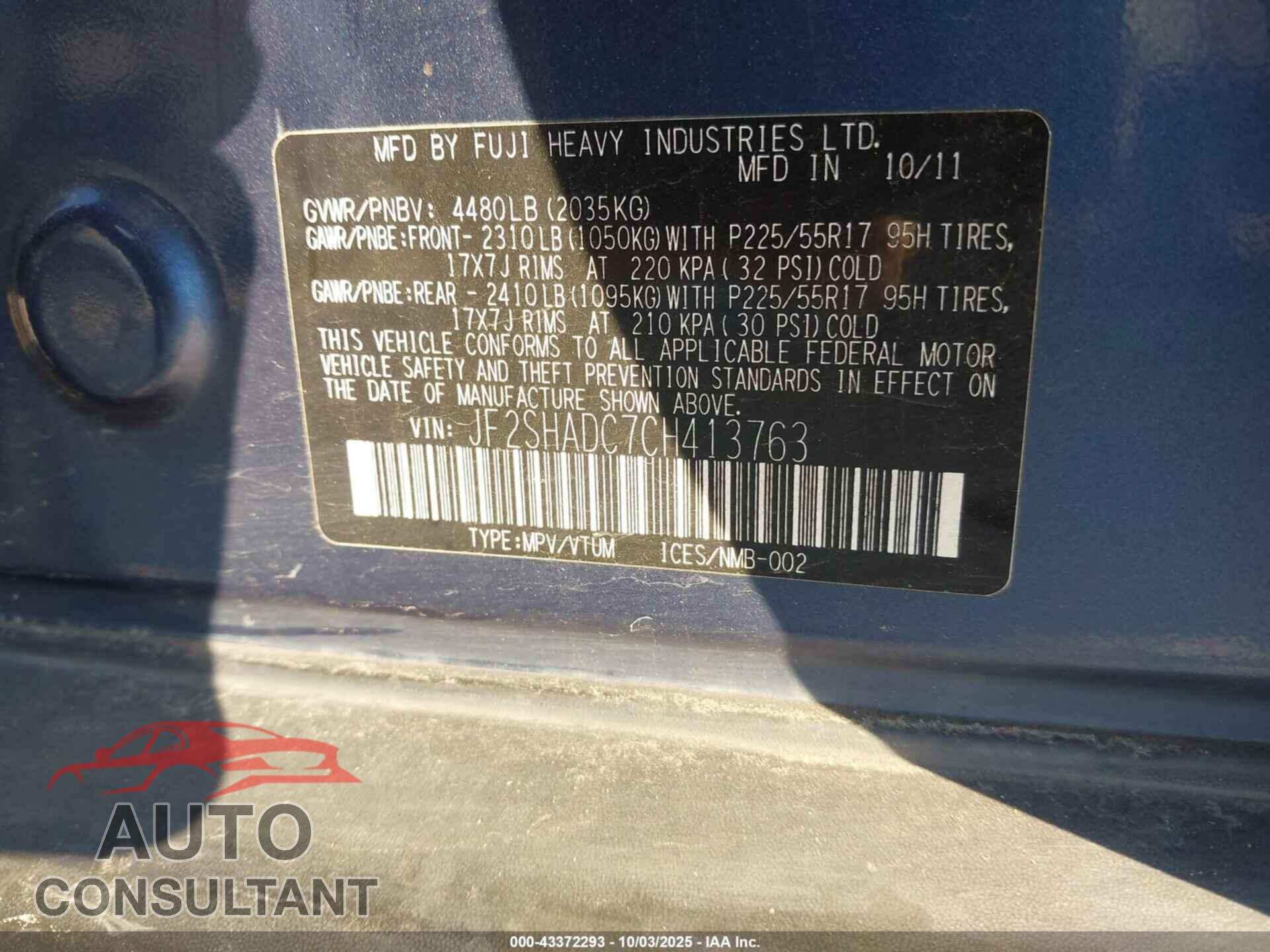 SUBARU FORESTER 2012 - JF2SHADC7CH413763