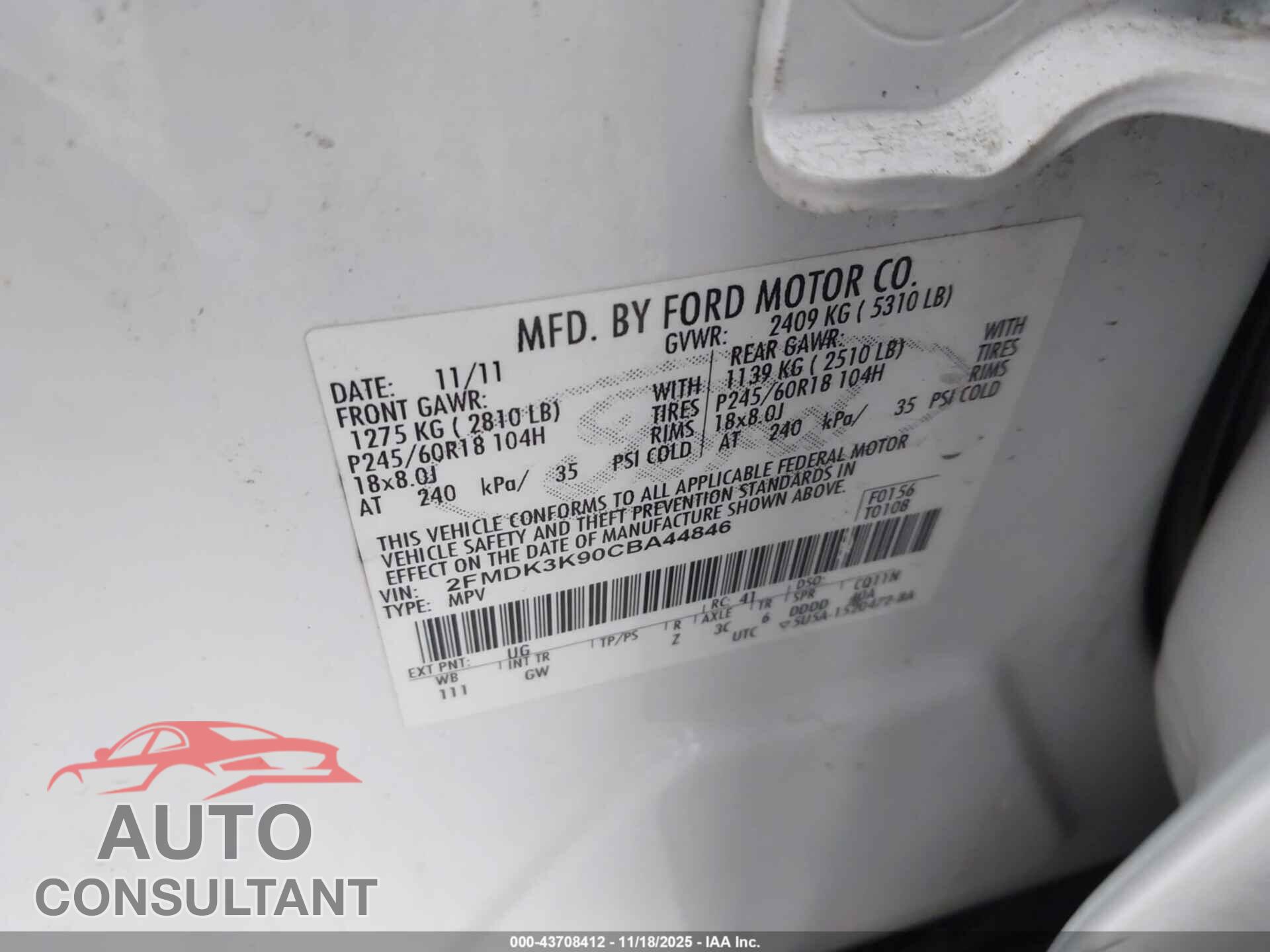 FORD EDGE 2012 - 2FMDK3K90CBA44846