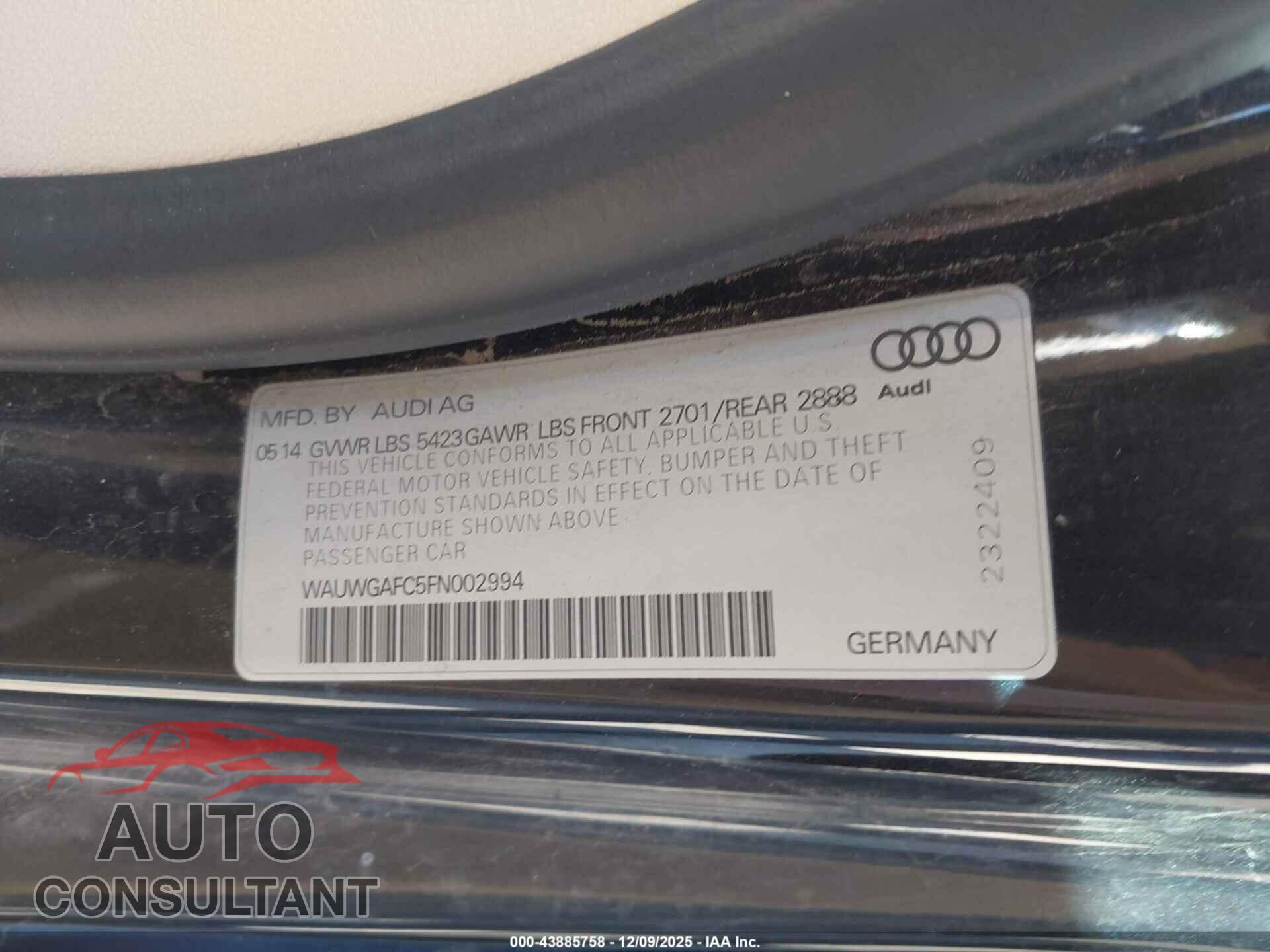 AUDI A7 2015 - WAUWGAFC5FN002994