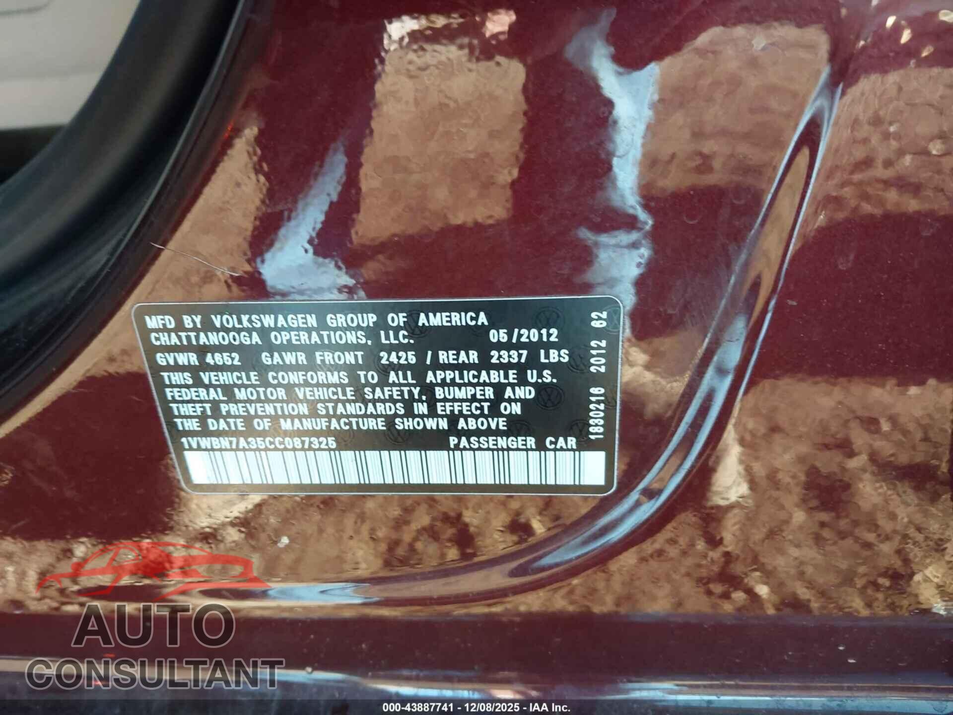 VOLKSWAGEN PASSAT 2012 - 1VWBN7A35CC087325