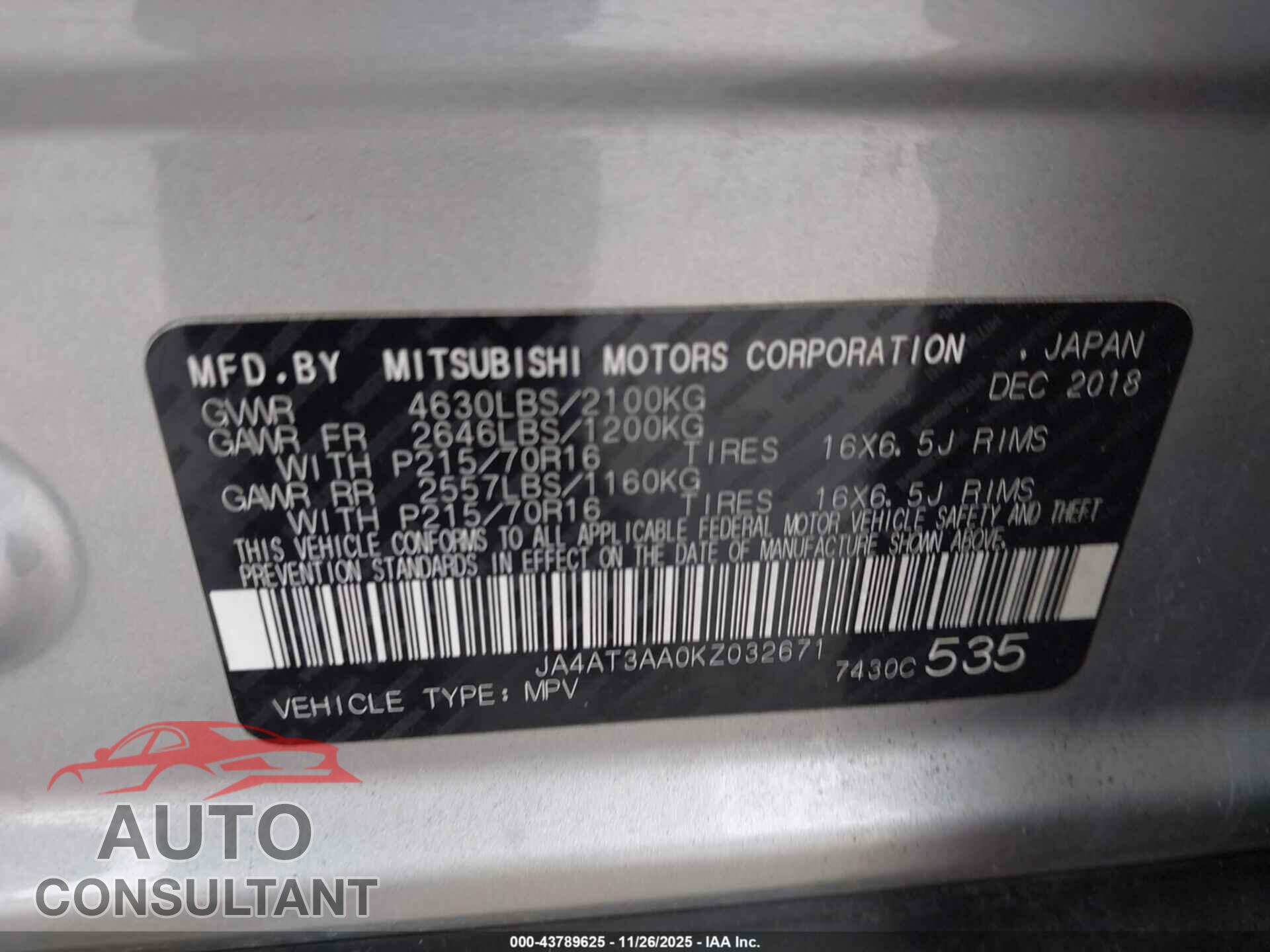MITSUBISHI ECLIPSE CROSS 2019 - JA4AT3AA0KZ032671