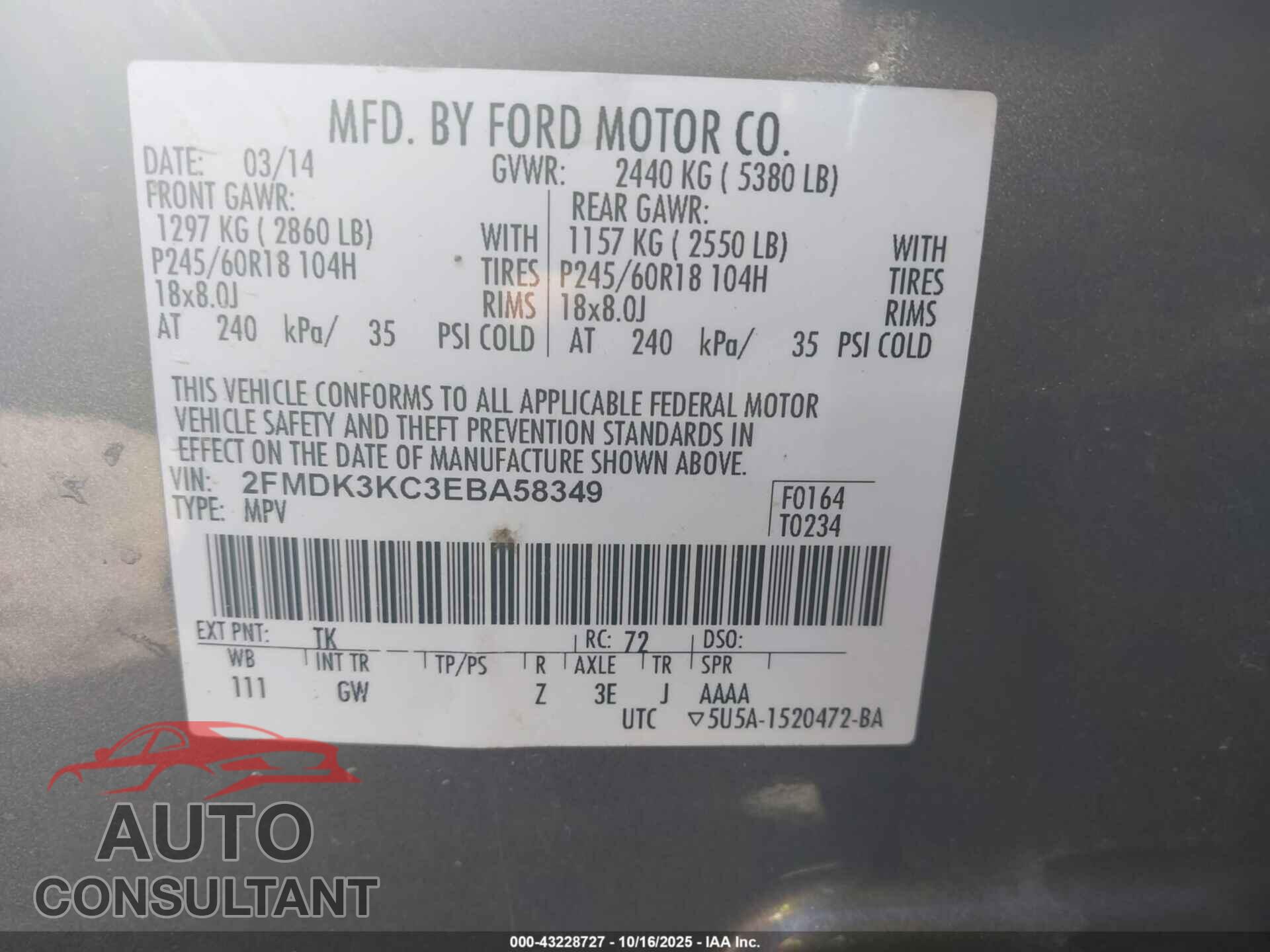 FORD EDGE 2014 - 2FMDK3KC3EBA58349