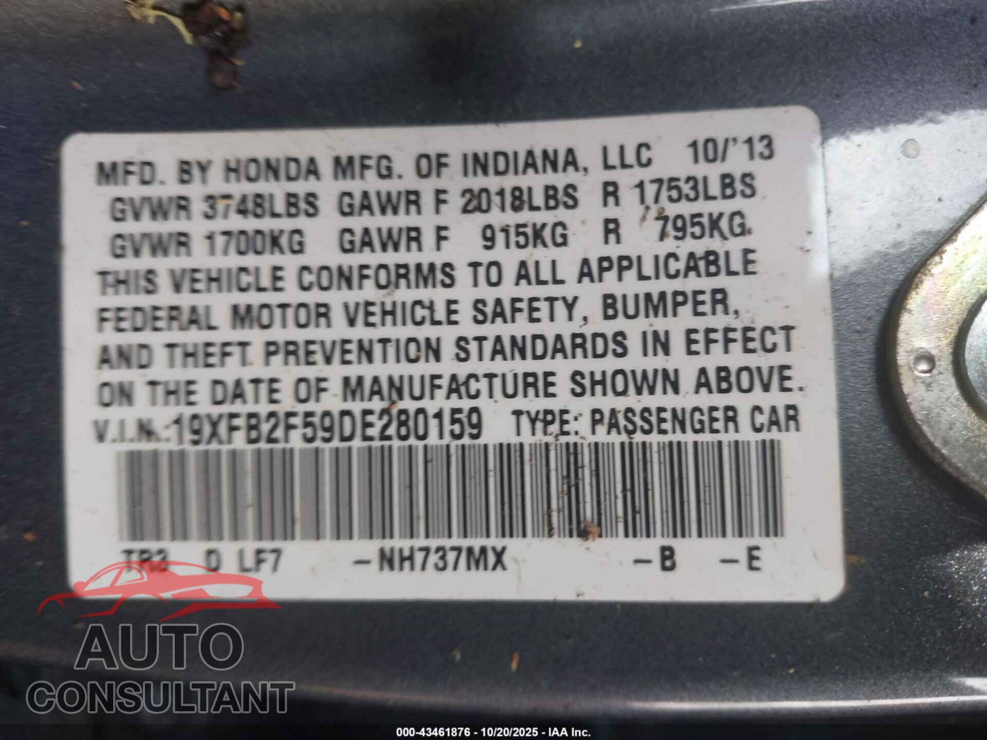 HONDA CIVIC 2013 - 19XFB2F59DE280159