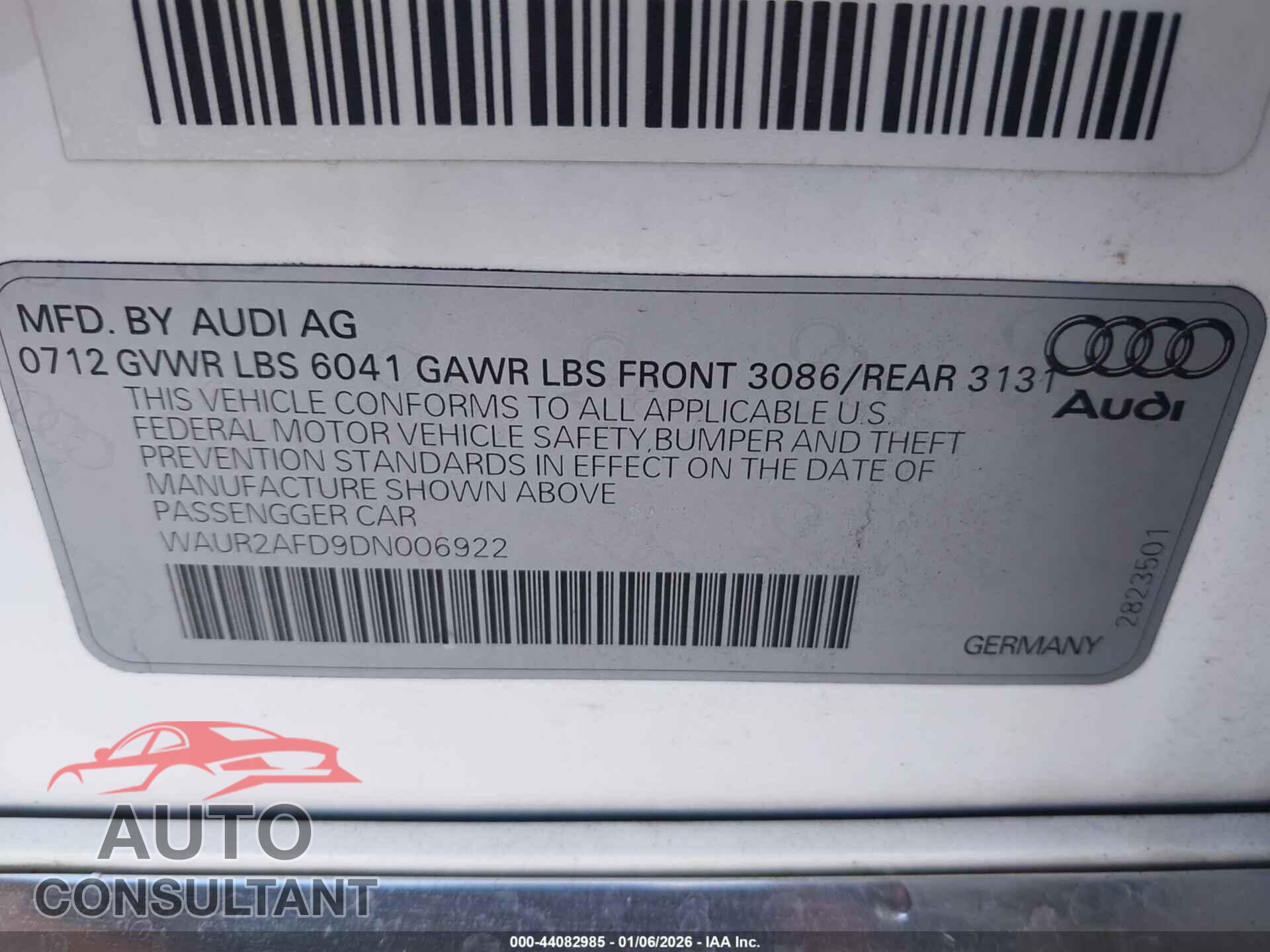 AUDI A8 L 2013 - WAUR2AFD9DN006922