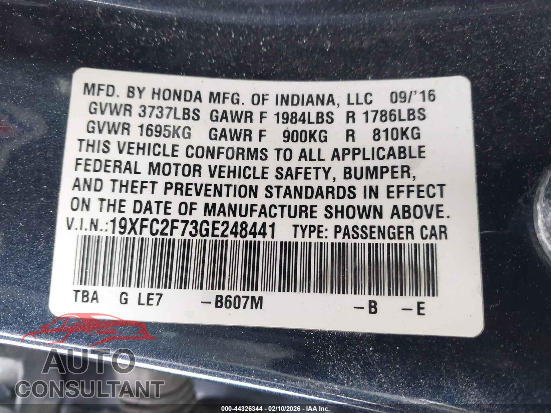 HONDA CIVIC 2016 - 19XFC2F73GE248441