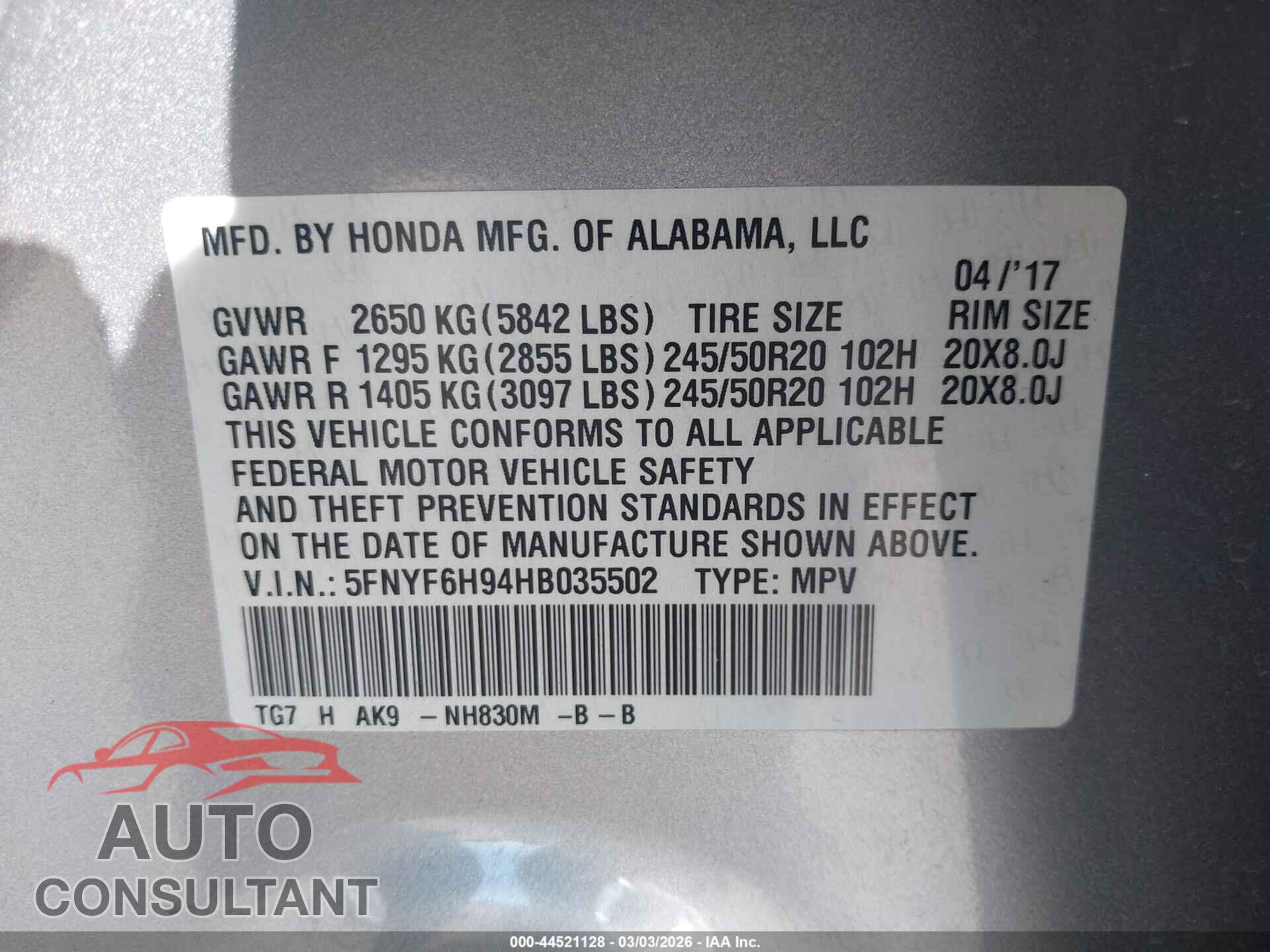HONDA PILOT 2017 - 5FNYF6H94HB035502