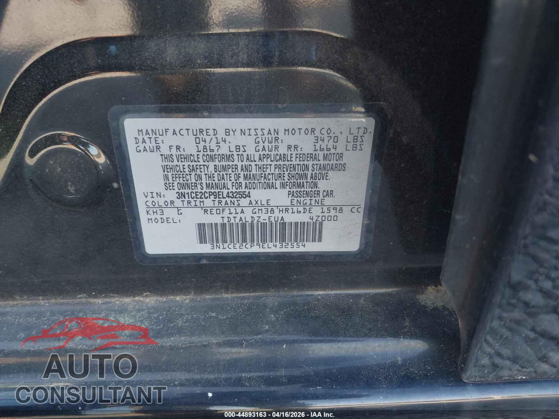 NISSAN VERSA NOTE 2014 - 3N1CE2CP9EL432554