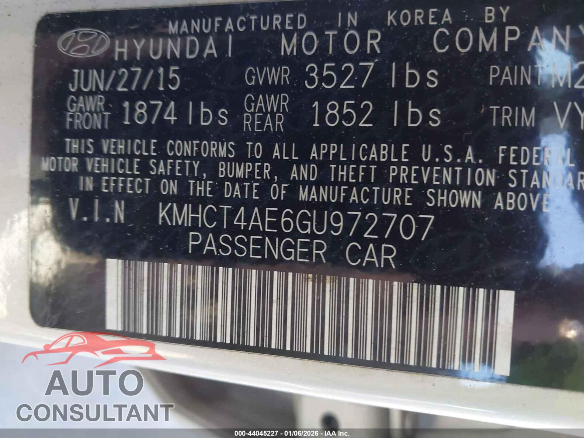 HYUNDAI ACCENT 2016 - KMHCT4AE6GU972707
