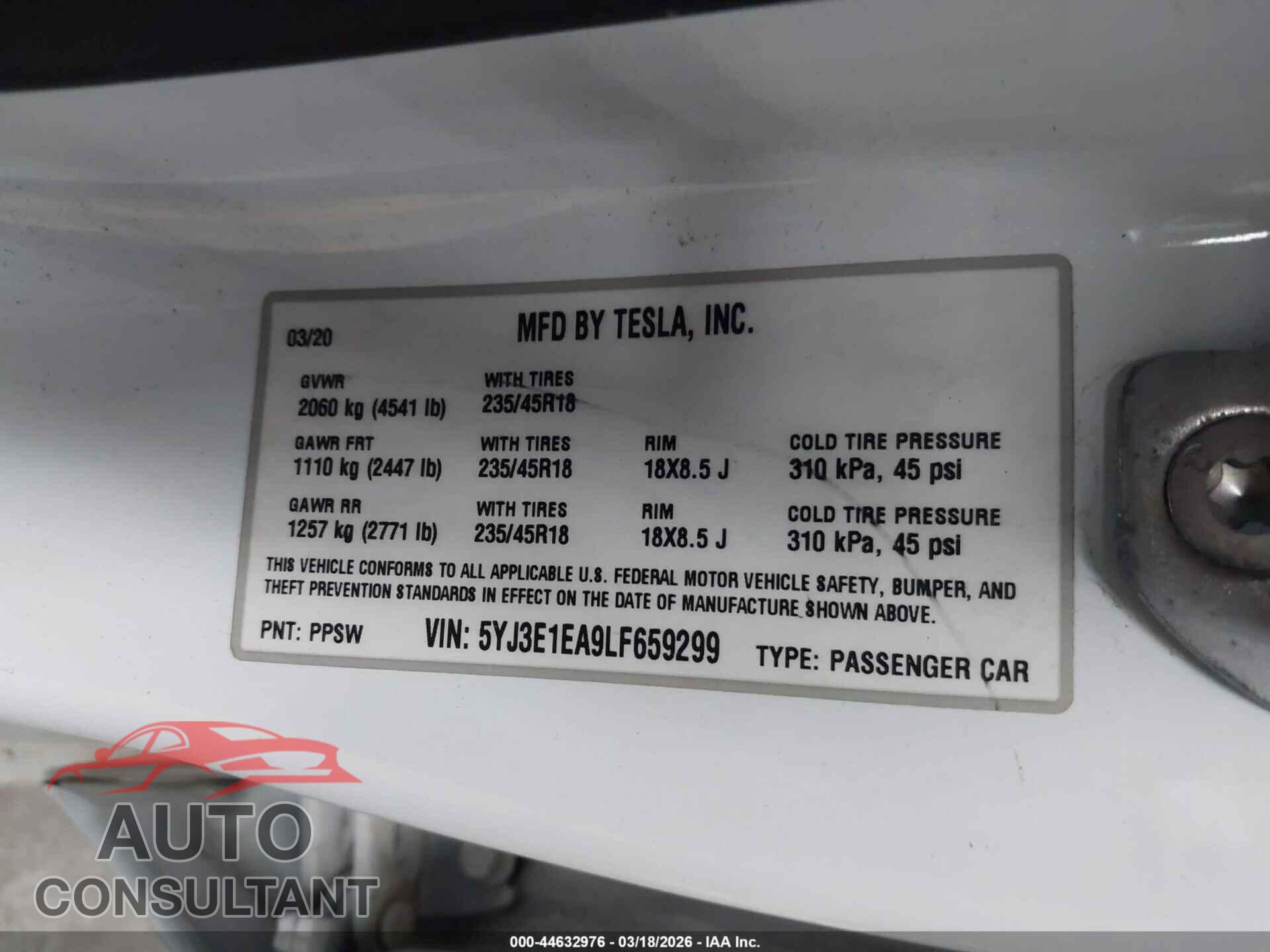 TESLA MODEL 3 2020 - 5YJ3E1EA9LF659299