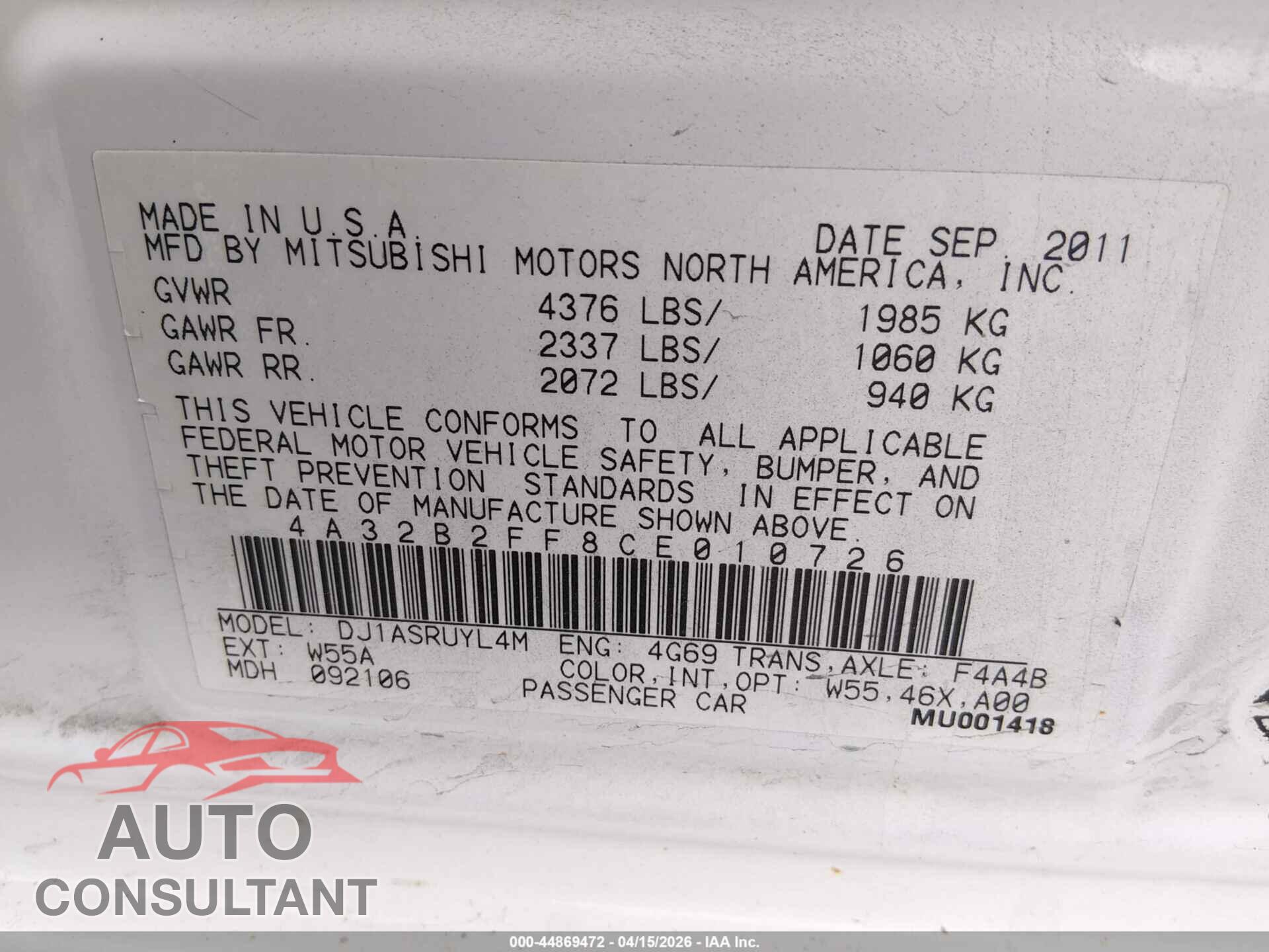 MITSUBISHI GALANT 2012 - 4A32B2FF8CE010726