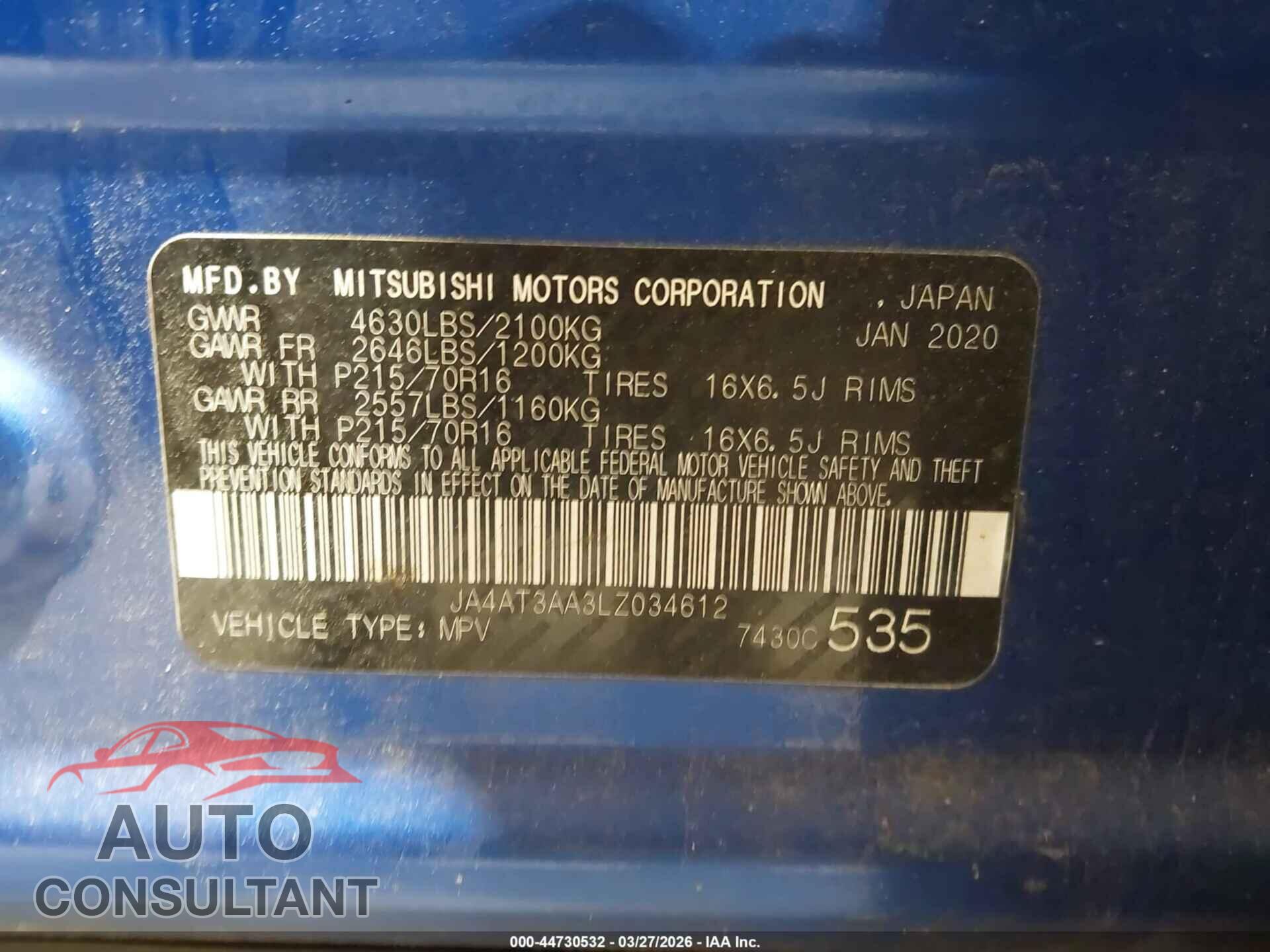 MITSUBISHI ECLIPSE CROSS 2020 - JA4AT3AA3LZ034612